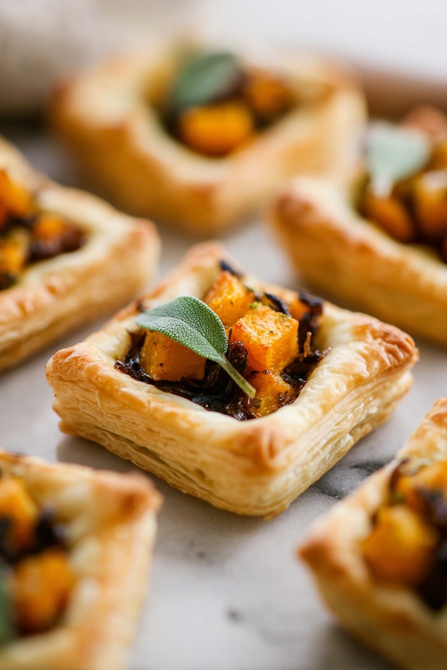 The image shows several small square puff pastry tarts arranged closely together on a white marbled surface. Each tart has a golden-brown, flaky crust with raised edges forming a well in the center. Inside the well, there are small, bright orange cubes of roasted squash layered on top of dark caramelized onions. A small sprig of green herb, possibly sage, rests on top of each tart, adding a fresh touch. The tarts have a soft, layered texture that contrasts with the crisp crusts. The focus is on the front tart, with the others softly blurred in the background. Photo taken with an iphone --ar 2:3 --v 7 - Mini Butternut Squash Tarts, butternut squash appetizer, fall veggie tarts, mini puff pastry tarts, cozy fall recipes