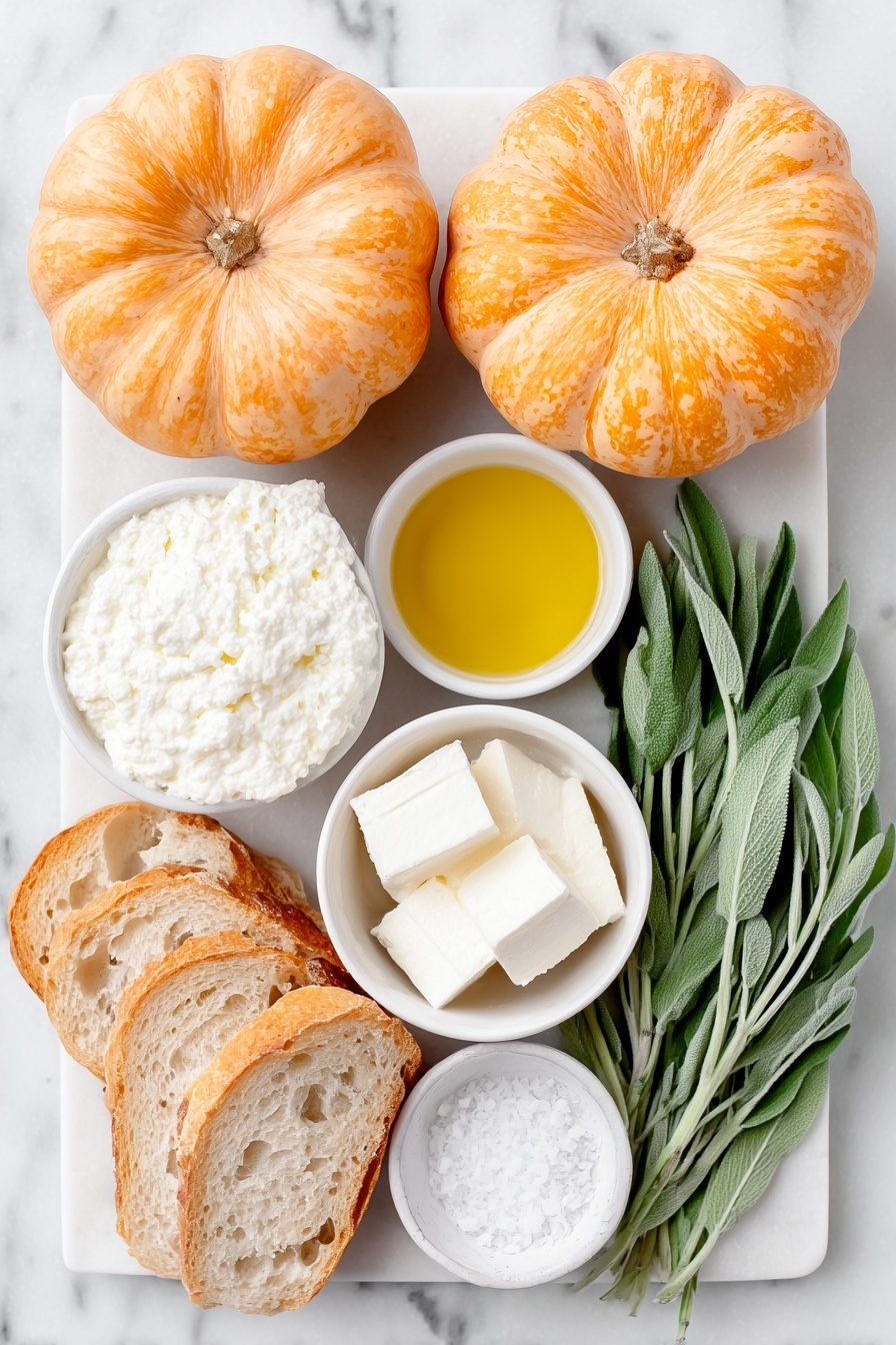 Flat lay of two small whole honeynut squashes, a small pile of peeled 1/2 inch honeynut squash cubes on a simple white ceramic plate, a small white ceramic bowl of whole milk ricotta cheese, a small white ceramic bowl with heavy cream, a small white ceramic bowl filled with golden olive oil, two bunches of fresh green sage leaves spread neatly, a white ceramic plate with several slices of fresh baguette, a small white ceramic bowl of flaky Maldon salt flakes, placed on a clean white marble surface, soft natural light, photo taken with an iPhone, professional food photography style, fresh ingredients, white ceramic bowls, no bottles, no duplicates, no utensils, no packaging --ar 2:3 --v 7 --p m7354615311229779997 - Honeynut Squash Crostini with Ricotta and Sage, Roasted Honeynut Squash Appetizer, Easy Fall Party Snacks, Gourmet Squash Crostini, Vegetarian Holiday Appetizer