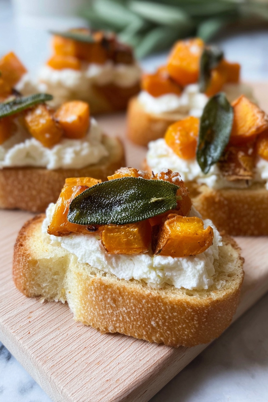 Six small pieces of toasted bread are placed on a light wooden board. Each bread has three layers: first, a smooth layer of white spread; second, several small orange roasted cubes; and third, two or three dark green leaves that look fresh and soft. The bread pieces are arranged in two rows of three. The board sits on a round placemat with a gold patterned texture. Around the edges of the board, fresh green leafy stems are placed to decorate. All this is set on a white marbled surface. Photo taken with an iphone --ar 2:3 --v 7 - Honeynut Squash Crostini with Ricotta and Sage, Roasted Honeynut Squash Appetizer, Easy Fall Party Snacks, Gourmet Squash Crostini, Vegetarian Holiday Appetizer