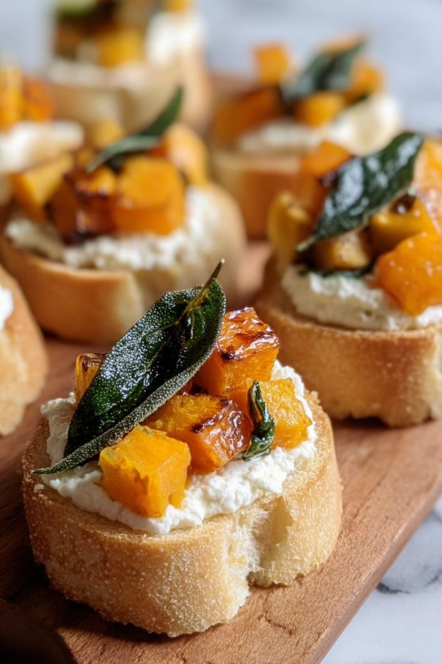 The image shows several small round toasts with three layers. The bottom layer is light tan toasted bread with a crisp texture. The middle layer is creamy white cheese, spread evenly and thick on each toast. The top layer has small bright orange cubes of roasted pumpkin and a dark green crispy leaf placed on each toast. The toasts are on a wooden board, and the background is a white marbled surface. photo taken with an iphone --ar 2:3 --v 7 - Honeynut Squash Crostini with Ricotta and Sage, Roasted Honeynut Squash Appetizer, Easy Fall Party Snacks, Gourmet Squash Crostini, Vegetarian Holiday Appetizer