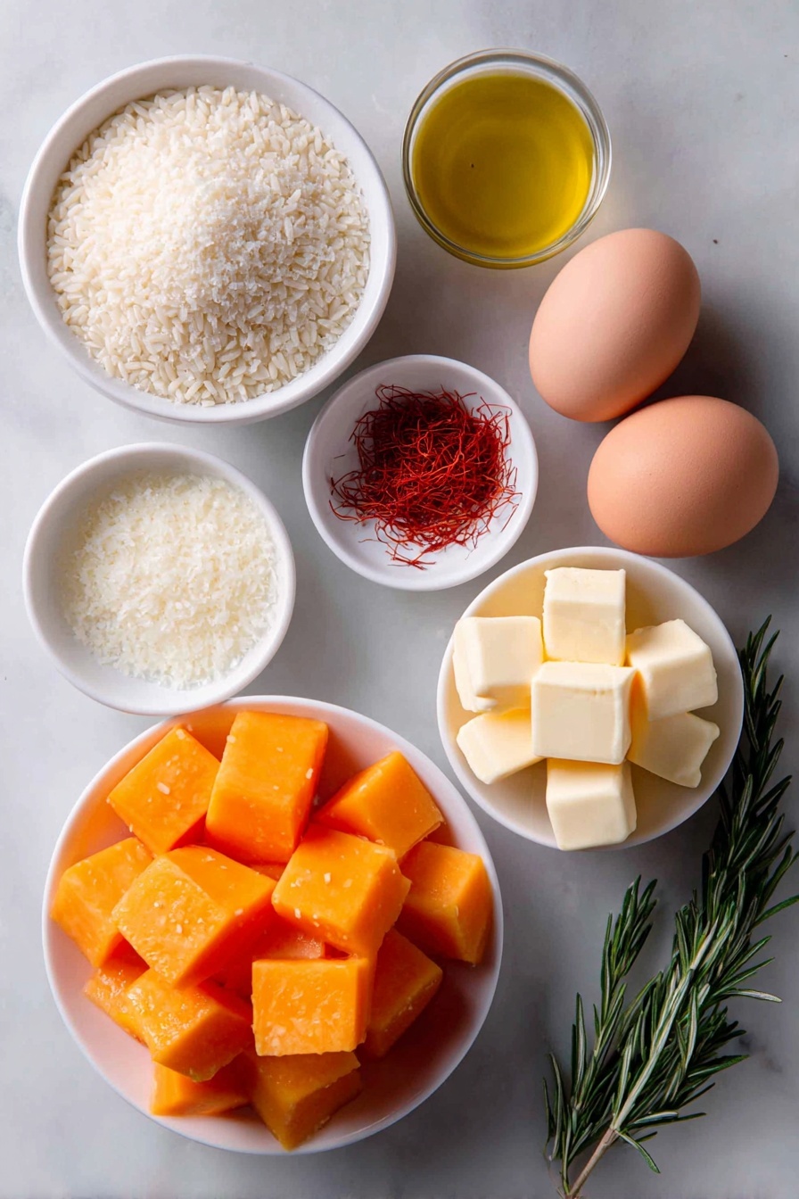 Flat lay of bright orange butternut squash cubes neatly arranged, a small white bowl of golden extra virgin olive oil, two whole brown eggs with clean shells, a simple white bowl filled with tiny red saffron threads, a mound of pale ivory Arborio rice, a small white bowl with minced sweet onion, two garlic cloves with their papery skins, a small white bowl of freshly grated parmesan cheese, a sprig of fresh green rosemary, a small white bowl holding rich yellow butter cubes, all symmetrically spaced on a clean white marble surface, soft natural light, photo taken with an iPhone, professional food photography style, fresh ingredients, white ceramic bowls, no bottles, no duplicates, no utensils, no packaging --ar 2:3 --v 7 --p m7354615311229779997 - Butternut Squash Risotto with Saffron, Autumn Vegetable Risotto, Creamy Butternut Squash Risotto, Saffron Risotto Recipes, Cozy Fall Dinner Ideas