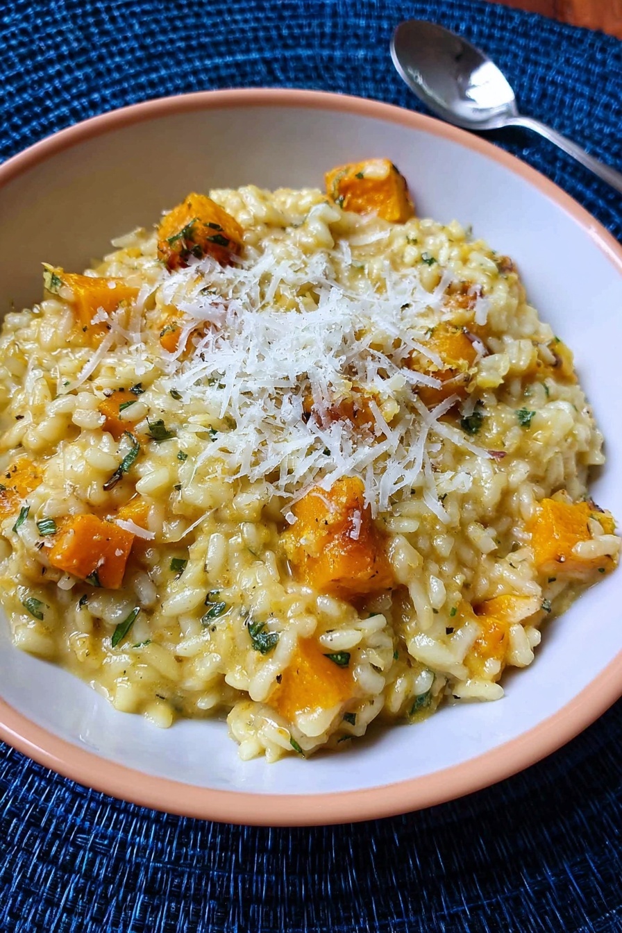 A white plate with blue patterns holds a layer of creamy yellow risotto with soft, slightly shiny grains and some orange pieces mixed inside. On top, there is a thick, juicy piece of cooked meat with a browned surface and visible herbs. A small green sprig of rosemary lies between the risotto and meat, adding fresh color. The plate is set against a white marbled background. photo taken with an iphone --ar 2:3 --v 7 - Butternut Squash Risotto with Saffron, Autumn Vegetable Risotto, Creamy Butternut Squash Risotto, Saffron Risotto Recipes, Cozy Fall Dinner Ideas