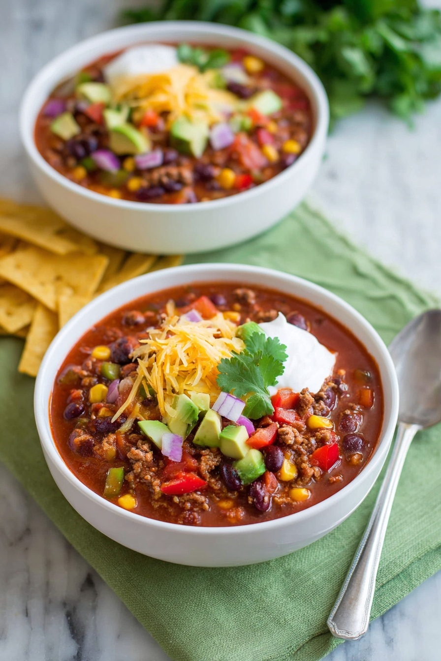 Two white bowls of chili sit on a white marbled surface layered over a green cloth. The front bowl is filled with a thick red chili base that holds visible chunks of brown ground meat, red and black beans, yellow corn, and diced red and green peppers. On top, there is a layer of shredded yellow and white cheese, a dollop of white sour cream, and a small green cilantro leaf. Beside this bowl are thin yellow tortilla strips laying flat. Behind it, the second white bowl contains more chili with a mixture of similar colorful ingredients including corn, beans, diced avocado, and red onions. To the right on the white marbled surface, a silver spoon is placed next to the front bowl, and a bunch of green cilantro leaves lies near the second bowl. photo taken with an iphone --ar 2:3 --v 7 - Hearty Taco Soup, Taco Soup Recipe, Easy Taco Soup, Flavorful Taco Soup, Comforting Taco Soup