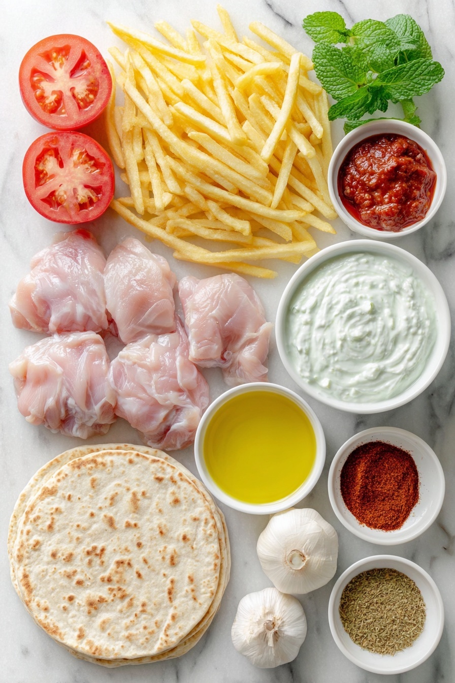 Flat lay of frozen French fries piled loosely, two ripe red tomatoes sliced into rounds, one whole red onion thinly sliced into delicate rings, a small handful of fresh bright green mint leaves, four soft Lebanese flatbreads stacked neatly, a small white ceramic bowl filled with creamy white Greek yoghurt, a small white ceramic bowl with smooth pale garlic dip, raw boneless, skinless chicken thighs arranged evenly, a small white ceramic bowl containing deep red tomato paste, a small white ceramic bowl with freshly squeezed lemon juice, a few cloves of whole fresh garlic, a small white ceramic bowl with golden olive oil, a small white ceramic bowl with ground cumin powder, a small white ceramic bowl with ground cardamom powder, a small white ceramic bowl with sweet paprika powder, a small white ceramic bowl with smoked paprika powder, a small white ceramic bowl holding coarse sea salt flakes, a small white ceramic bowl with freshly cracked black pepper, all ingredients spaced evenly and symmetrically, placed on a clean white marble surface, soft natural light, photo taken with an iPhone, professional food photography style, fresh ingredients, white ceramic bowls, no bottles, no duplicates, no utensils, no packaging --ar 2:3 --v 7 --p m7354615311229779997 - Easy Chicken Shawarma Wraps, Chicken Shawarma Wraps with Garlic Yoghurt, flavorful chicken wraps, quick shawarma recipes, homemade chicken wraps