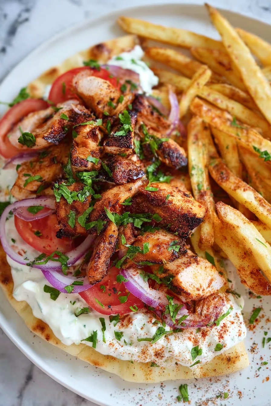 The image shows a white plate with a thick base of flatbread topped with a layer of creamy white sauce. On top of the sauce, there are slices of red tomato and thin rings of purple onion. Grilled pieces of brown, slightly charred chicken are arranged on top of the veggies, sprinkled with chopped green herbs. Thick, golden fries seasoned with a dark powder lean on the chicken. The plate is placed on a white marbled surface, and the food looks fresh and colorful. photo taken with an iphone --ar 2:3 --v 7 - Easy Chicken Shawarma Wraps, Chicken Shawarma Wraps with Garlic Yoghurt, flavorful chicken wraps, quick shawarma recipes, homemade chicken wraps
