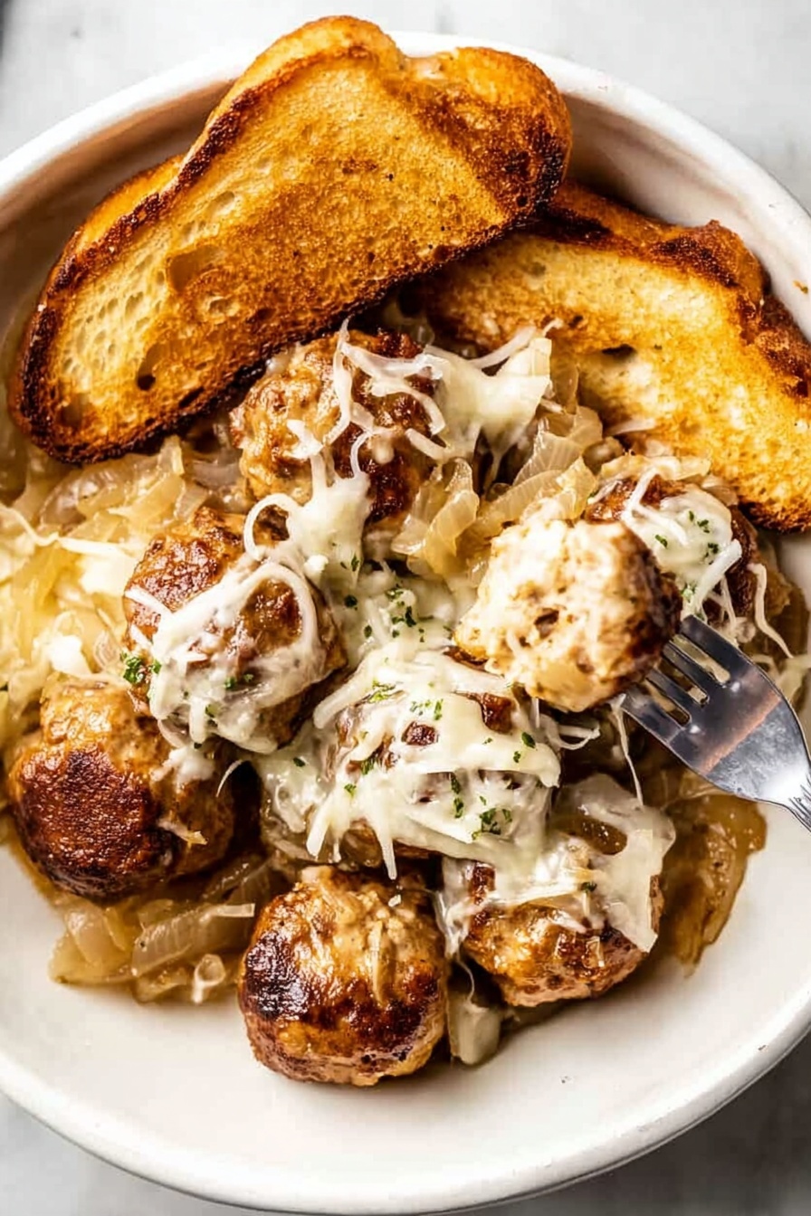 The dish shows a silver skillet filled with multiple brown meatballs, evenly spread across the pan. Between and on top of the meatballs is melted white cheese with a slightly glossy and stretchy texture. Small pieces of fresh green herbs are sprinkled over the cheese and meatballs, adding a touch of color. The sauce beneath is dark brown and rich, partially visible around the meatballs and cheese. The surface under the skillet is a white marbled texture photo taken with an iphone --ar 2:3 --v 7 - French Onion Meatballs, slow cooker meatball recipes, easy comfort dinner, savory onion meatballs, French onion supper ideas