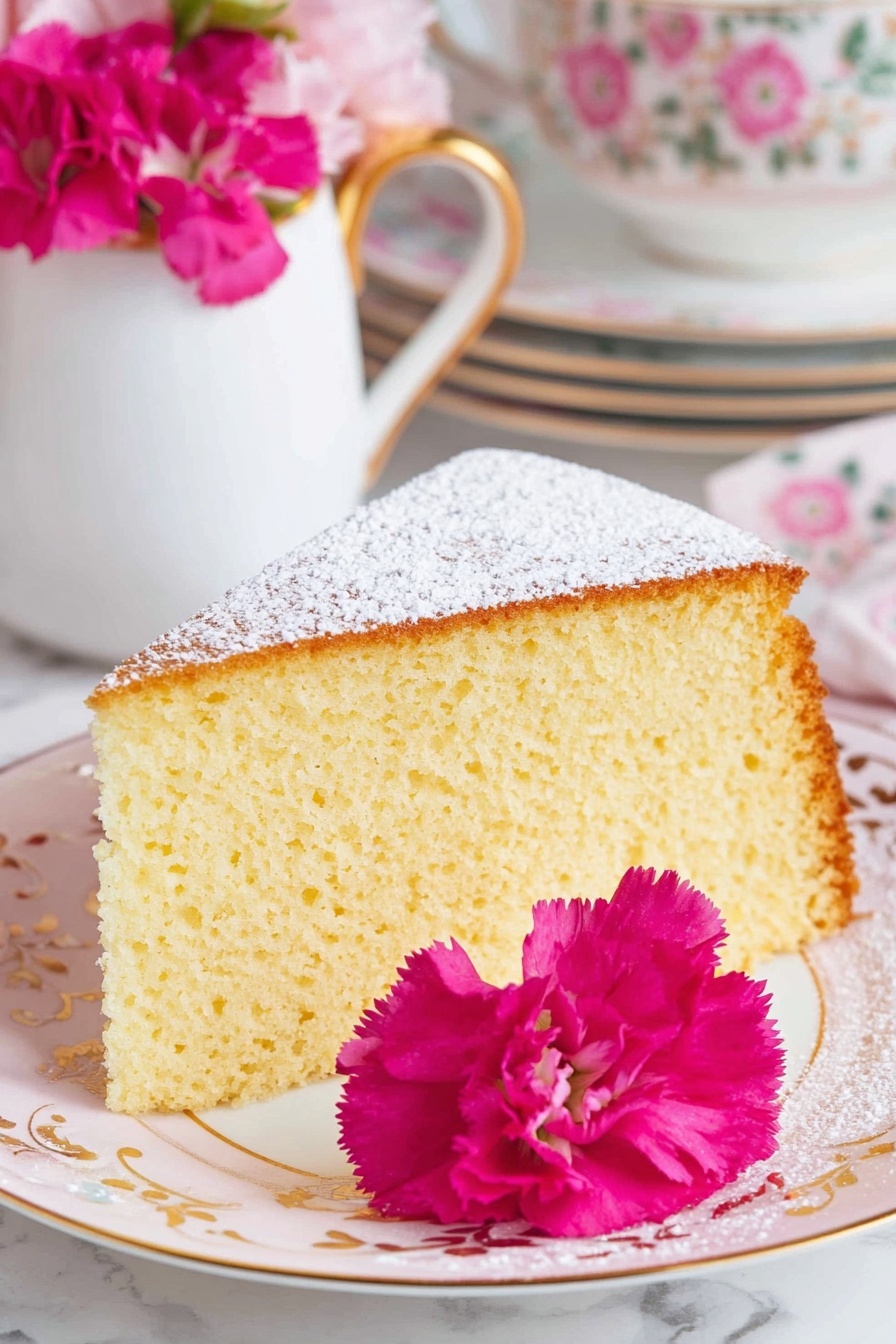 A single slice of soft yellow sponge cake with a light, fluffy texture and small air holes fills the center of a white plate with gold trim. The cake has a thin top layer dusted with white powdered sugar and a slightly darker, golden-brown crust around the edges. Next to the cake slice on the plate is a bright pink carnation flower with ruffled petals. In the background, there is a white teapot with a gold handle and pink flowers inside, along with a stack of white plates with gold rims, placed on a white marbled surface. photo taken with an iphone --ar 2:3 --v 7 - French Butter Cake, buttery tender cake, easy French cake recipe, moist butter cake, bakery-style cake
