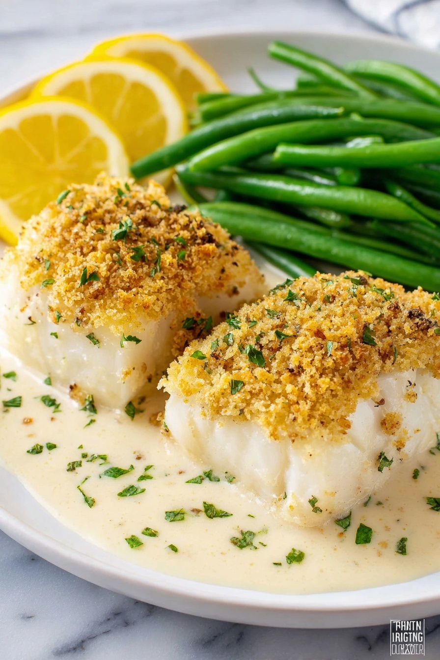 Two thick pieces of white fish with a golden brown crumb topping sit side by side on a white plate. They are covered in a light creamy sauce sprinkled with small green herb bits. Behind the fish, there is a pile of bright green cooked green beans. On the side of the plate, there are two thin lemon slices adding a pop of yellow color. The plate rests on a white marbled surface. photo taken with an iphone --ar 2:3 --v 7 - Creamy Baked Cod with Garlic and Parmesan, baked cod with garlic and parmesan, creamy seafood dinner, easy baked cod recipe, flavorful fish dinner