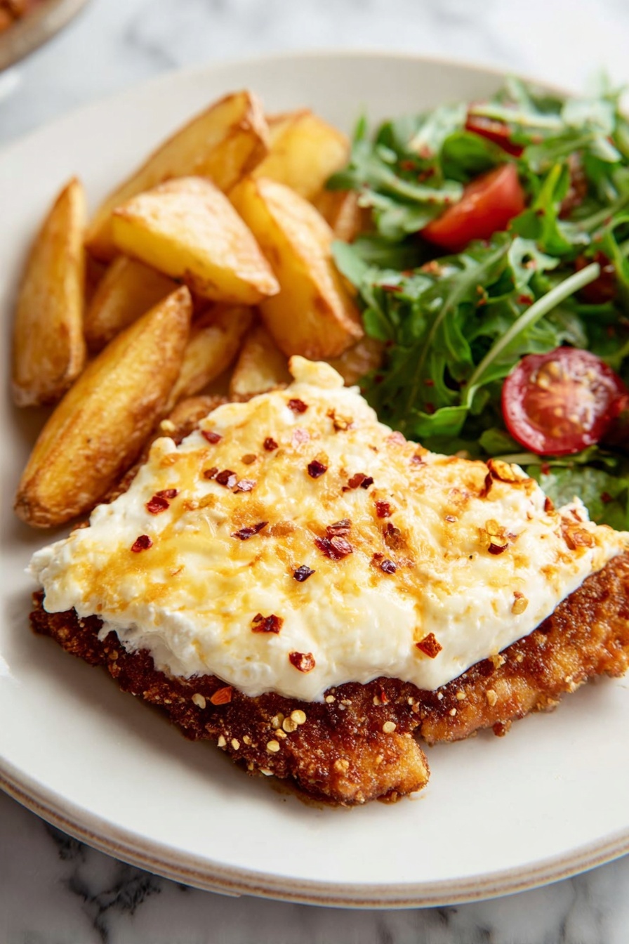 The image shows a white plate with three main layers. The bottom layer is golden-brown fried food with a coarse, crunchy texture that fills the right side of the plate. On top of it is a thick, uneven layer of soft white cheese that looks creamy and slightly melted, with some browned spots on the surface. The cheese layer is sprinkled with small red chili flakes that add a spicy look. To the left of this main stack, there are several thick wedge-shaped potato pieces that are golden and crispy-looking. Next to the potato, some fresh green arugula leaves and small pieces of red tomato add color and freshness to the plate. The plate is placed on a white marbled surface. photo taken with an iphone --ar 2:3 --v 7 - Crispy Chicken with Hot Honey and Feta, crispy chicken recipe, hot honey glaze, feta cheese chicken, easy dinner ideas