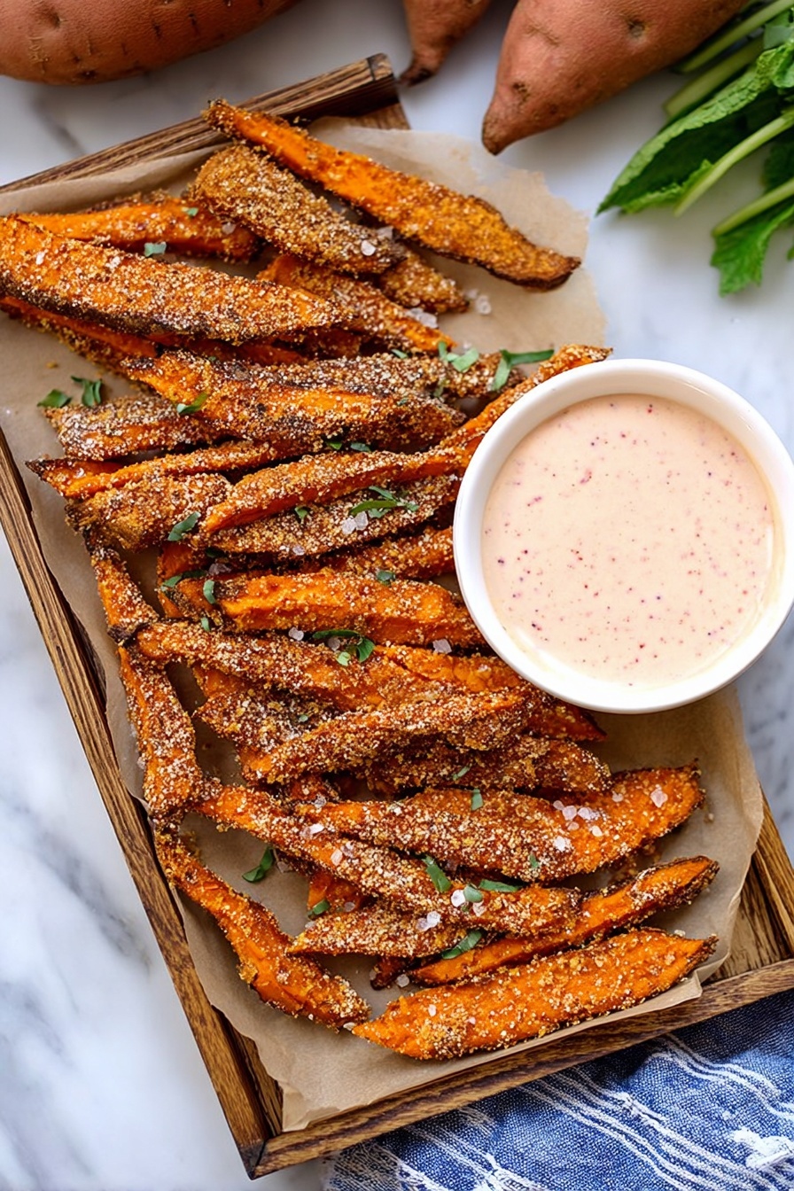The image shows a wooden tray lined with light brown parchment paper holding two layers of crispy sweet potato fries. The fries have a crunchy, seasoned coating in shades of orange and brown, sprinkled with coarse salt and small green herbs. On the right side of the tray, there is a small white bowl filled with a creamy, light pink dipping sauce that has small visible specks in it. The tray is set on a white marbled surface with some whole sweet potatoes and green leafy stems in the background. A blue and white striped cloth is partially seen beneath the tray. photo taken with an iphone --ar 2:3 --v 7 - Garlic Parmesan Sweet Potato Wedges, crispy sweet potato fries, baked sweet potato snacks, healthy garlic parmesan sides, easy sweet potato recipes