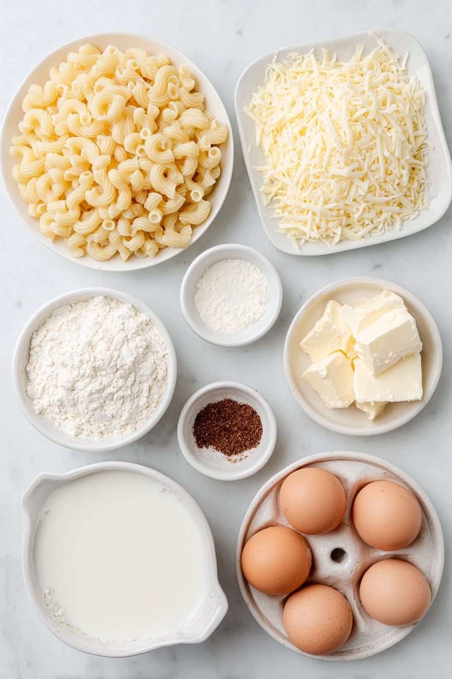 Flat lay of cavatappi pasta in a small white bowl, a pile of shredded mozzarella cheese on a simple white ceramic plate, shredded Colby Jack cheese arranged neatly on a white ceramic dish, sharp cheddar cheese shredded and placed in a small white bowl, a small white bowl filled with thick evaporated milk, a small white bowl holding heavy whipping cream, whole uncracked brown eggs with clean shells arranged symmetrically on a white ceramic plate, a small white bowl containing unsalted butter cubes, a small white bowl of all-purpose flour, tiny white bowls each holding salt, white pepper, garlic powder, and smoked paprika powders, a small white bowl with smooth Dijon mustard, all placed on a clean white marble surface, soft natural light, photo taken with an iPhone, professional food photography style, fresh ingredients, white ceramic bowls, no bottles, no duplicates, no utensils, no packaging --ar 2:3 --v 7 --p m7354615311229779997 - Viral Mac and Cheese, cheesy comfort food, creamy mac and cheese, best homemade mac and cheese, gooey cheese pasta