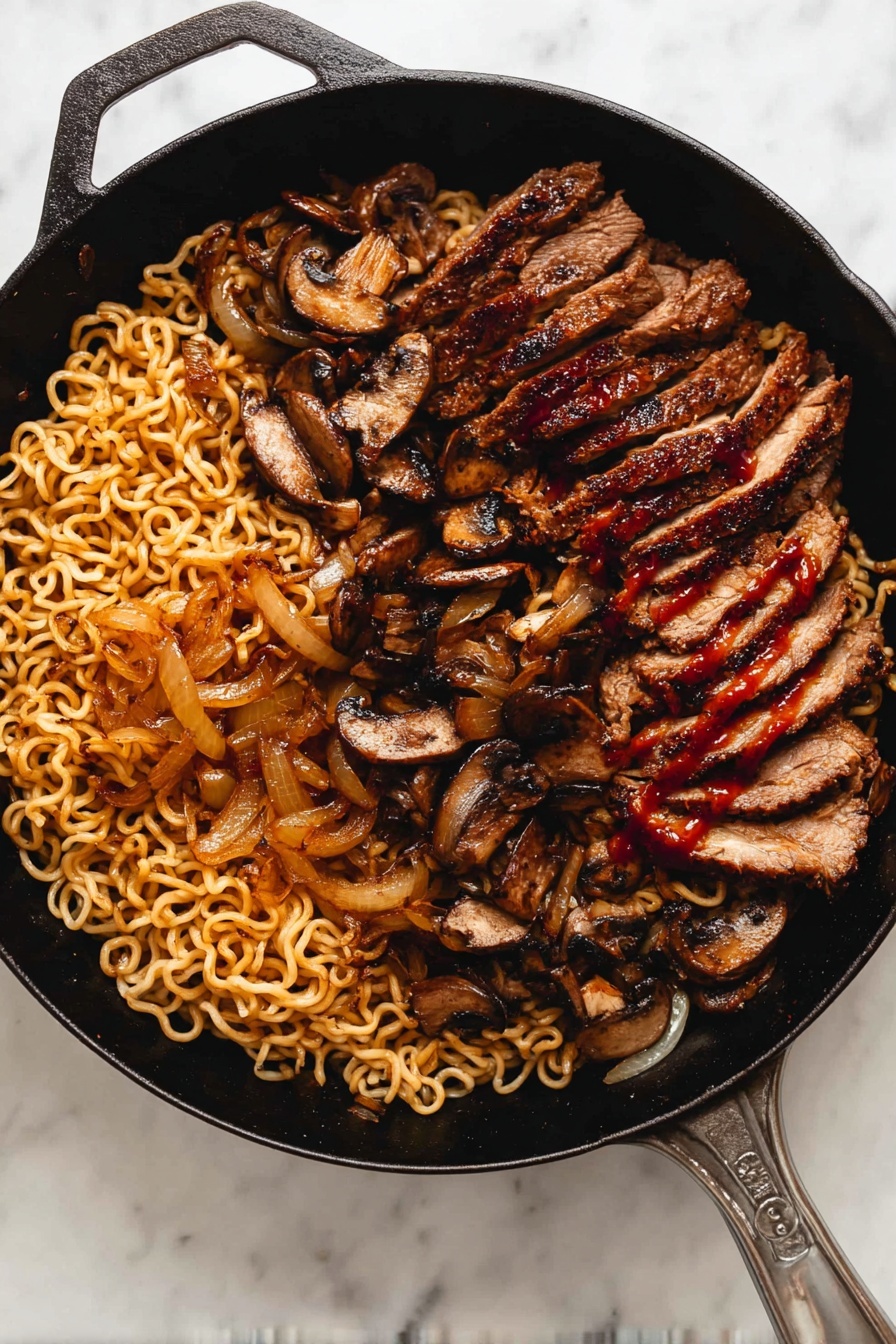 The image shows a black cast iron pan filled with three main layers of food. The bottom layer is a bed of curly cooked noodles with a light brown color, covering most of the pan's base. On one side over the noodles, there are sautéed golden-brown onions with a soft texture. On the other side and slightly mixed with noodles are sliced brown mushrooms. On top of all this, there is a layer of grilled sliced meat, dark brown with a slightly charred texture and a reddish sauce drizzled over it. The pan rests on a white marbled surface. photo taken with an iphone --ar 2:3 --v 7 - Spicy Korean Beef Noodles, Korean beef noodle stir-fry, spicy Korean ramen, Korean beef marinade recipe, quick Korean noodle dish