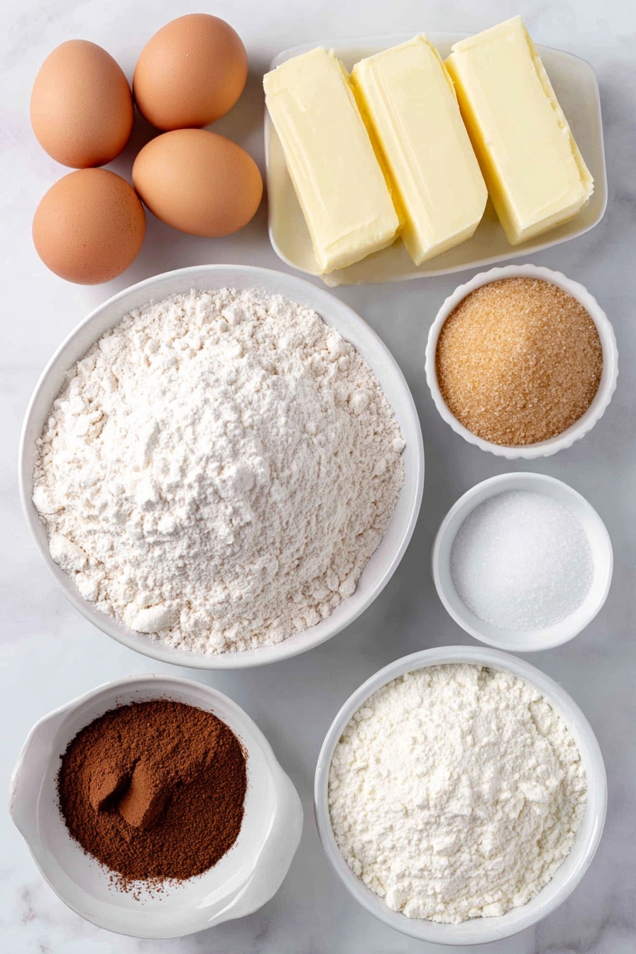 Flat lay of a small mound of pale all purpose flour, a small heap of golden brown packed brown sugar, two sticks of creamy room temperature butter, two whole large brown eggs with clean shells, a small white ceramic bowl of clear vanilla extract, a small white bowl of white granulated sugar, a small white bowl with warm reddish-brown ground cinnamon, a small white bowl of bright white powdered sugar, a small white bowl of fresh milk, a small white bowl of fine white salt crystals, and a small white bowl of light beige baking powder, all arranged symmetrically with perfect spacing, placed on a clean white marble surface, soft natural light, photo taken with an iPhone, professional food photography style, fresh ingredients, white ceramic bowls, no bottles, no duplicates, no utensils, no packaging --ar 2:3 --v 7 --p m7354615311229779997 - Cinnamon Sugar Blondies with Cinnamon Glaze, cinnamon blondie bars, easy cinnamon dessert, buttery cinnamon bars, cinnamon glaze blondies