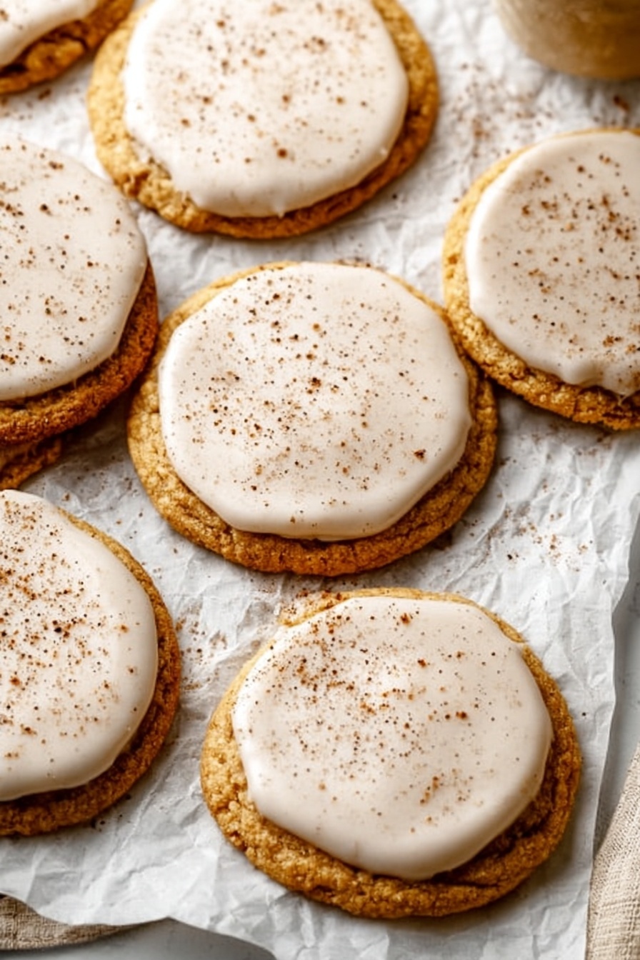 The image shows a group of round cookies arranged close together on crinkled white parchment paper over a white marbled surface. Each cookie has two layers: a golden-brown base with a slightly rough texture and a smooth, light beige icing layer on top that covers most of the cookie but leaves a thin border around the edge. The icing has speckles of brown spice sprinkled evenly over it. The scene is bright with natural light and has a cozy, homemade look. Photo taken with an iphone --ar 2:3 --v 7 - Brown Sugar Cookie Tarts, brown sugar cookie tart recipe, cinnamon sugar tart, homemade cookie tarts, chewy buttery dessert
