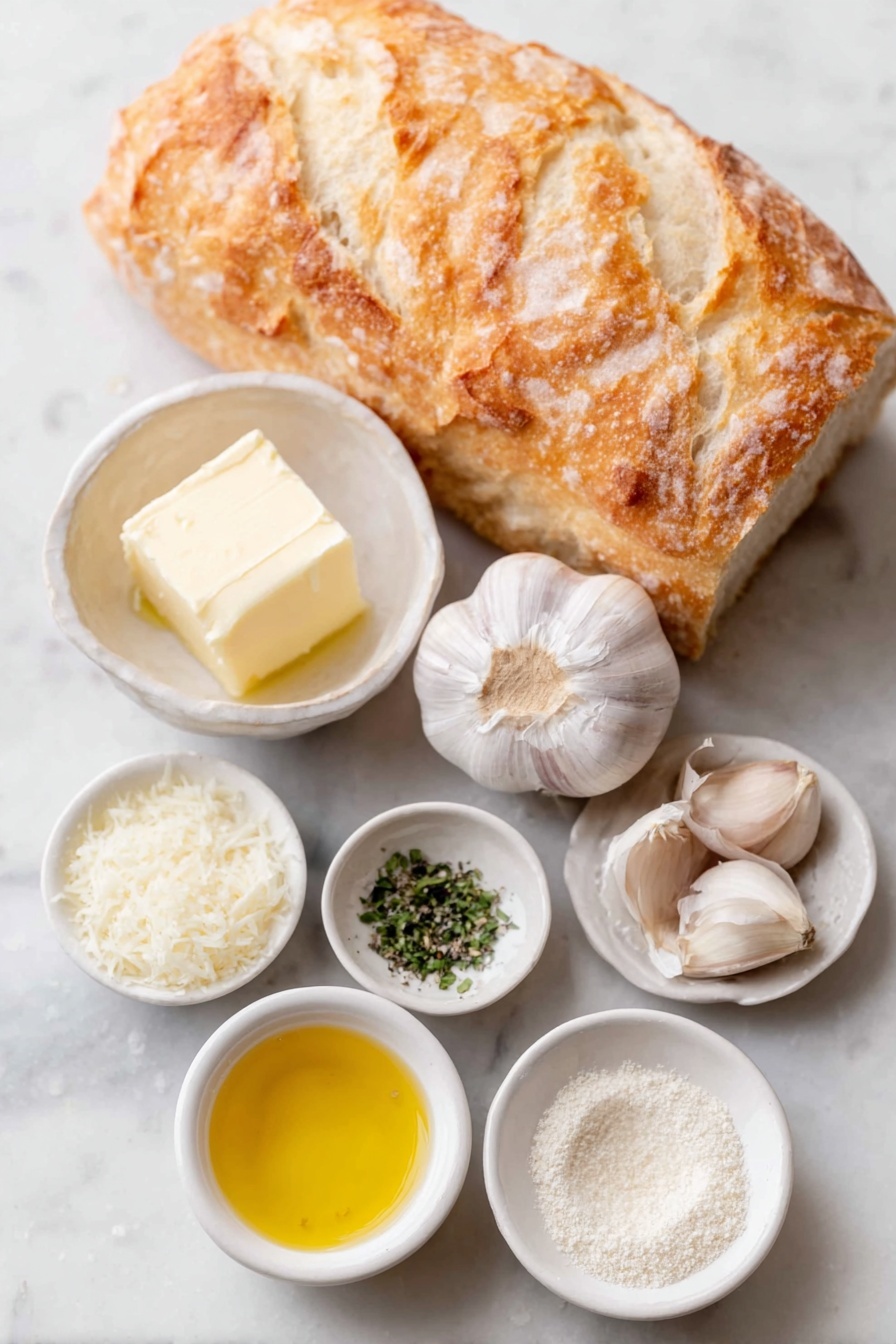 Flat lay of a halved loaf of Italian bread with a crispy golden crust, a whole head of garlic with the top sliced off to reveal cloves, eight uncracked brown garlic cloves, a small white ceramic bowl with smooth soft unsalted butter, a small white ceramic bowl filled with finely grated parmesan cheese, a small white ceramic bowl containing finely chopped mixed fresh herbs including basil and parsley, a small white ceramic bowl holding coarse kosher salt, a small white ceramic bowl with ground black pepper, a small white ceramic bowl with pale golden olive oil, and a small white ceramic bowl with light beige garlic powder—all arranged symmetrically in perfect proportions, placed on a clean white marble surface, soft natural light, photo taken with an iPhone, professional food photography style, fresh ingredients, white ceramic bowls, no bottles, no duplicates, no utensils, no packaging --ar 2:3 --v 7 --p m7354615311229779997 - Garlic Herb Parmesan Bread, garlic herb parmesan bread recipe, cheesy garlic herb bread, homemade garlic bread with Parmesan, easy garlic herb bread