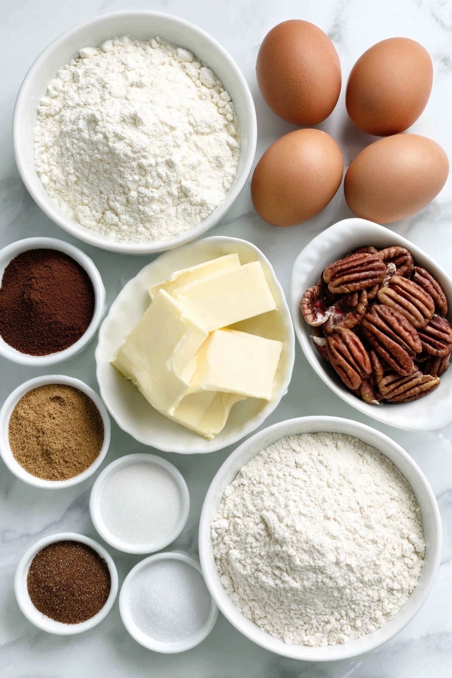 Flat lay of a small white ceramic bowl of whole milk, a few tablespoons of very soft unsalted butter shaped into smooth pats, a small white ceramic bowl of all-purpose flour, a few whole brown eggs with clean shells, a small white ceramic bowl of granulated sugar, a small white ceramic bowl of light brown sugar, a small white ceramic bowl of dark brown sugar packed firmly, a small white ceramic bowl of heavy cream, a small white ceramic bowl of ground cinnamon, a small white ceramic bowl of ground ginger, a small white ceramic bowl of ground nutmeg, a small white ceramic bowl of ground cloves, a small white ceramic bowl of salt, a small white ceramic bowl of vanilla extract, a handful of whole pecan halves, a small pile of roughly chopped pecans, and a small white ceramic bowl containing a small amount of rapid rise yeast packet contents, all arranged with perfect symmetry and balanced proportions, placed on a clean white marble surface, soft natural light, photo taken with an iPhone, professional food photography style, fresh ingredients, white ceramic bowls, no bottles, no duplicates, no utensils, no packaging --ar 2:3 --v 7 --p m7354615311229779997 - Butter Pecan Cinnamon Buns, sweet rolls with pecans, cinnamon buns recipe, nutty cinnamon rolls, soft bakery-style buns
