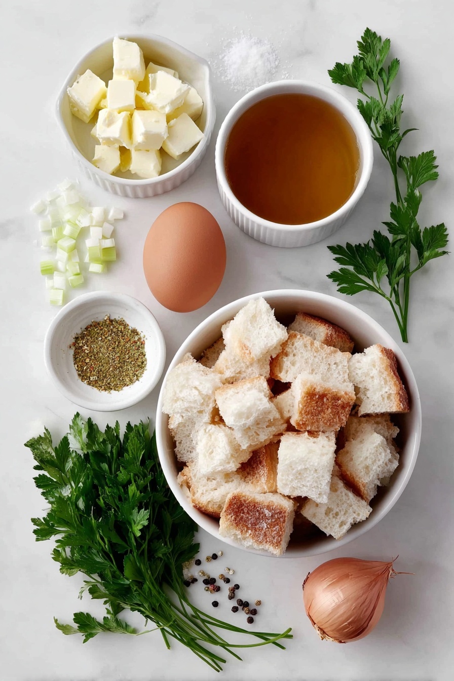Flat lay of a small white ceramic bowl of butter cubes, a few crisp chopped celery stalks, a small pile of peeled shallots, one large whole brown egg with a clean shell, a small white bowl with golden poultry seasoning powder, a small bunch of fresh Italian flat leaf parsley with bright green leaves, a small white ceramic bowl filled with clear vegetable broth, a few granules of coarse kosher salt, a few fresh ground black peppercorns, and a simple white ceramic bowl filled with cubed day-old white bread pieces, all arranged symmetrically and balanced, placed on a clean white marble surface, soft natural light, photo taken with an iPhone, professional food photography style, fresh ingredients, white ceramic bowls, no bottles, no duplicates, no utensils, no packaging --ar 2:3 --v 7 --p m7354615311229779997 - Baked Stuffing Balls, stuffed side dish, holiday appetizer, savory stuffing bites, easy stuffing snacks