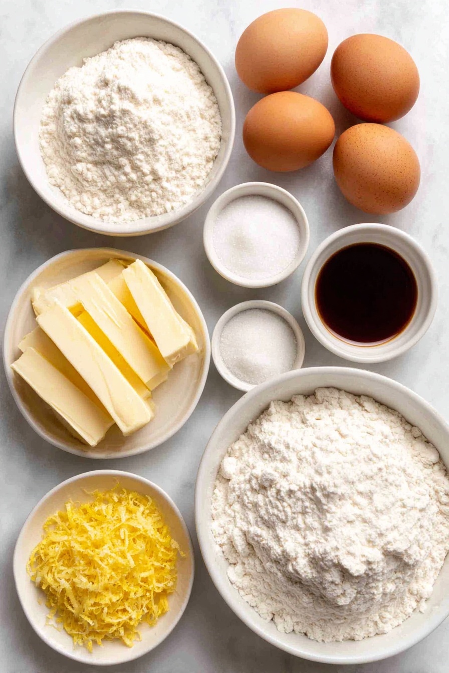 Flat lay of a small stick of unsalted butter, three whole large brown eggs with clean shells, a small white bowl of granulated sugar, a small white bowl of fine kosher salt crystals, a small white bowl with clear vanilla extract, freshly grated lemon zest from one lemon, a small mound of all-purpose flour, a small white bowl of baking powder, a small white bowl of confectioners’ sugar, placed on a clean white marble surface, soft natural light, photo taken with an iPhone, professional food photography style, fresh ingredients, white ceramic bowls, no bottles, no duplicates, no utensils, no packaging --ar 2:3 --v 7 --p m7354615311229779997 - Lemon Madeleines, French lemon cake, easy madeleines recipe, lemon shell cakes, melt-in-your-mouth lemon cookies