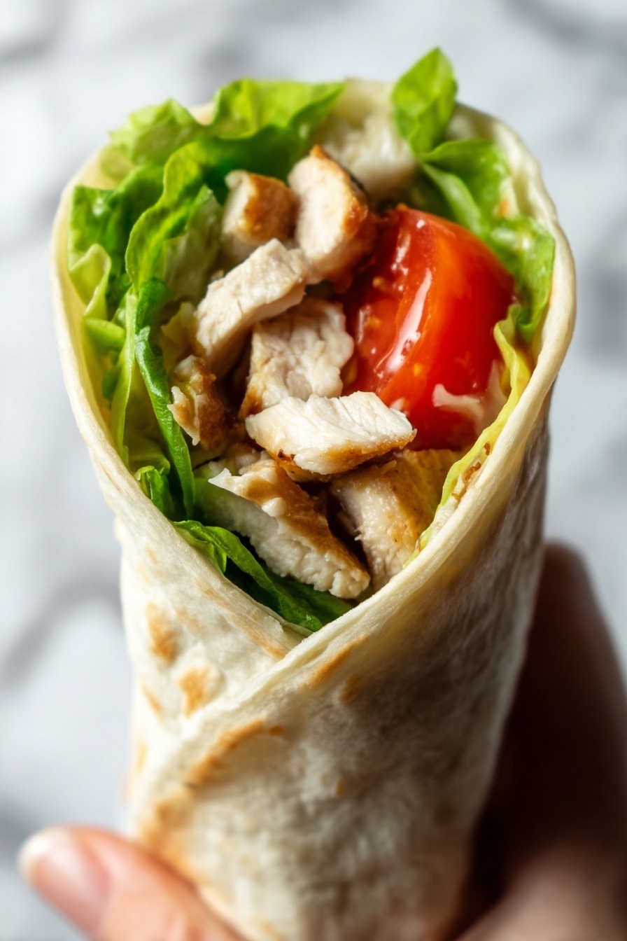 A close-up image of a chicken wrap held by a woman's hand, showing a tortilla wrap folded to form a cone shape. Inside, there is a layer of bright green lettuce at the back, followed by a slice of red tomato, and chunks of cooked white chicken pieces with a light brown, slightly crispy texture. The background features a white marbled texture, and the overall colors are natural and warm with a soft focus on the wrap. Photo taken with an iphone --ar 2:3 --v 7 - Sweet Chili Chicken Wraps, Chicken Wraps with Sweet Chili Sauce, Easy Chicken Wrap Recipe, Quick Chicken Lunch Ideas, Flavored Chicken Wraps