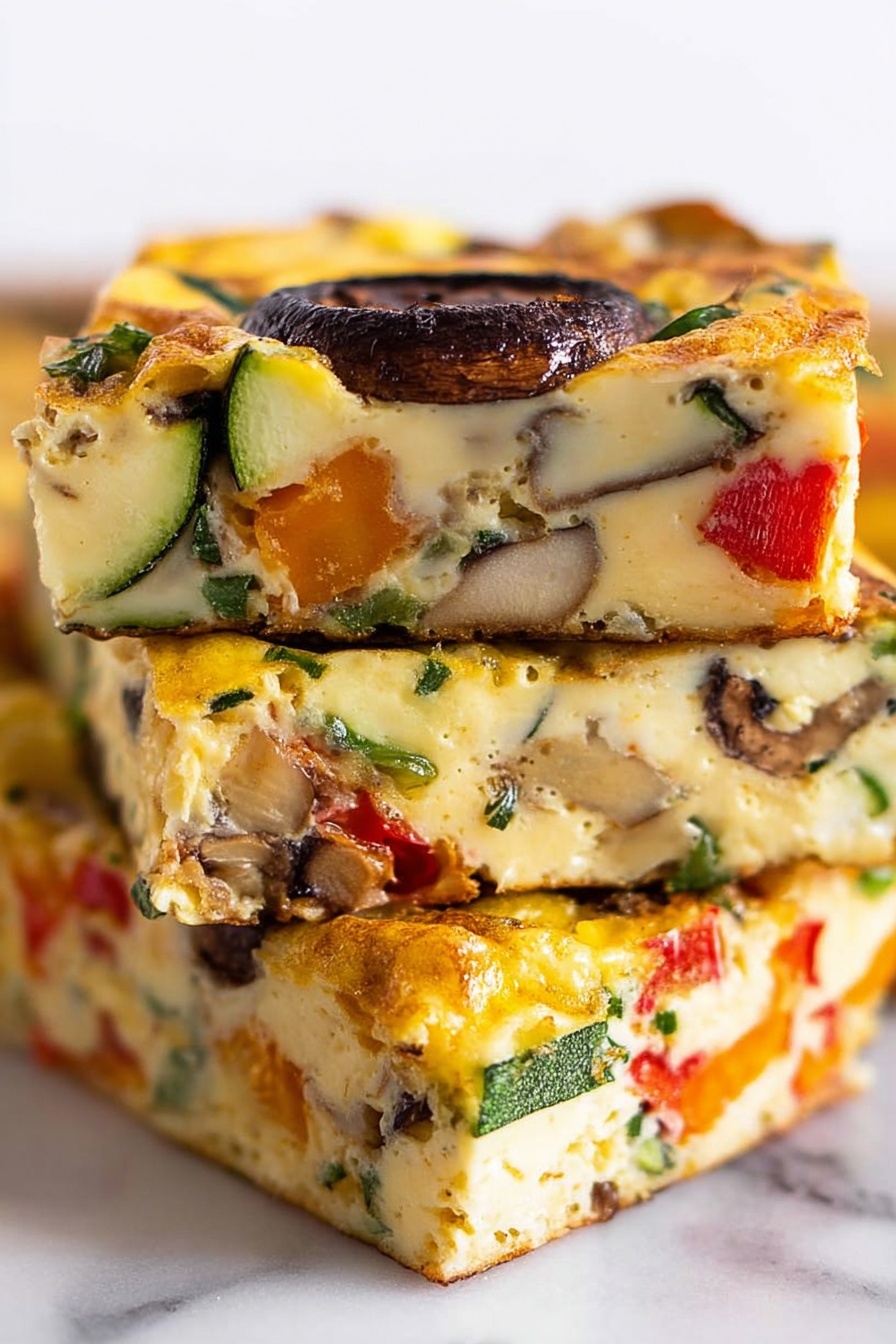 The image shows a close-up of three thick, square slices of a vegetable frittata stacked on top of each other. The top two slices have a creamy, light yellow egg base with brightly colored chunks of zucchini green, red bell pepper, and orange vegetables evenly spread inside. There is a large dark brown mushroom slice on the very top slice. The edges of the frittata are golden brown and slightly crispy, especially on the bottom slice, which has a rich golden crust. The stack is placed on a white marbled surface that contrasts with the vivid colors of the frittata. photo taken with an iphone --ar 2:3 --v 7 - Baked Vegetable Frittata, vegetable frittata ideas, healthy breakfast recipes, easy brunch recipes, make-ahead frittata