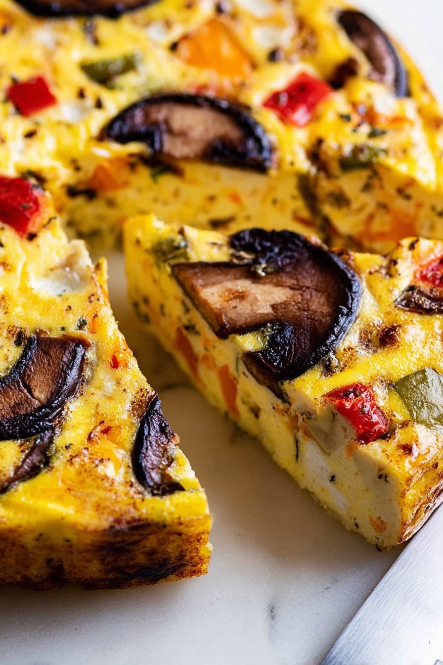 The dish shows a thick, round frittata with one piece cut and slightly separated, revealing a rich inside full of colorful vegetable chunks. The top layer is golden-yellow with browned spots and has large dark brown mushroom slices and a few red pieces that look like peppers scattered across it. Inside, you can see a mix of orange, green, white, and red vegetable pieces, all held together by the yellow egg base. The frittata sits directly on a white marbled surface, and a knife is partially visible to the bottom right. The photo is focused close-up on the frittata's texture and colors, showing the moist but firm inside. photo taken with an iphone --ar 2:3 --v 7 - Baked Vegetable Frittata, vegetable frittata ideas, healthy breakfast recipes, easy brunch recipes, make-ahead frittata