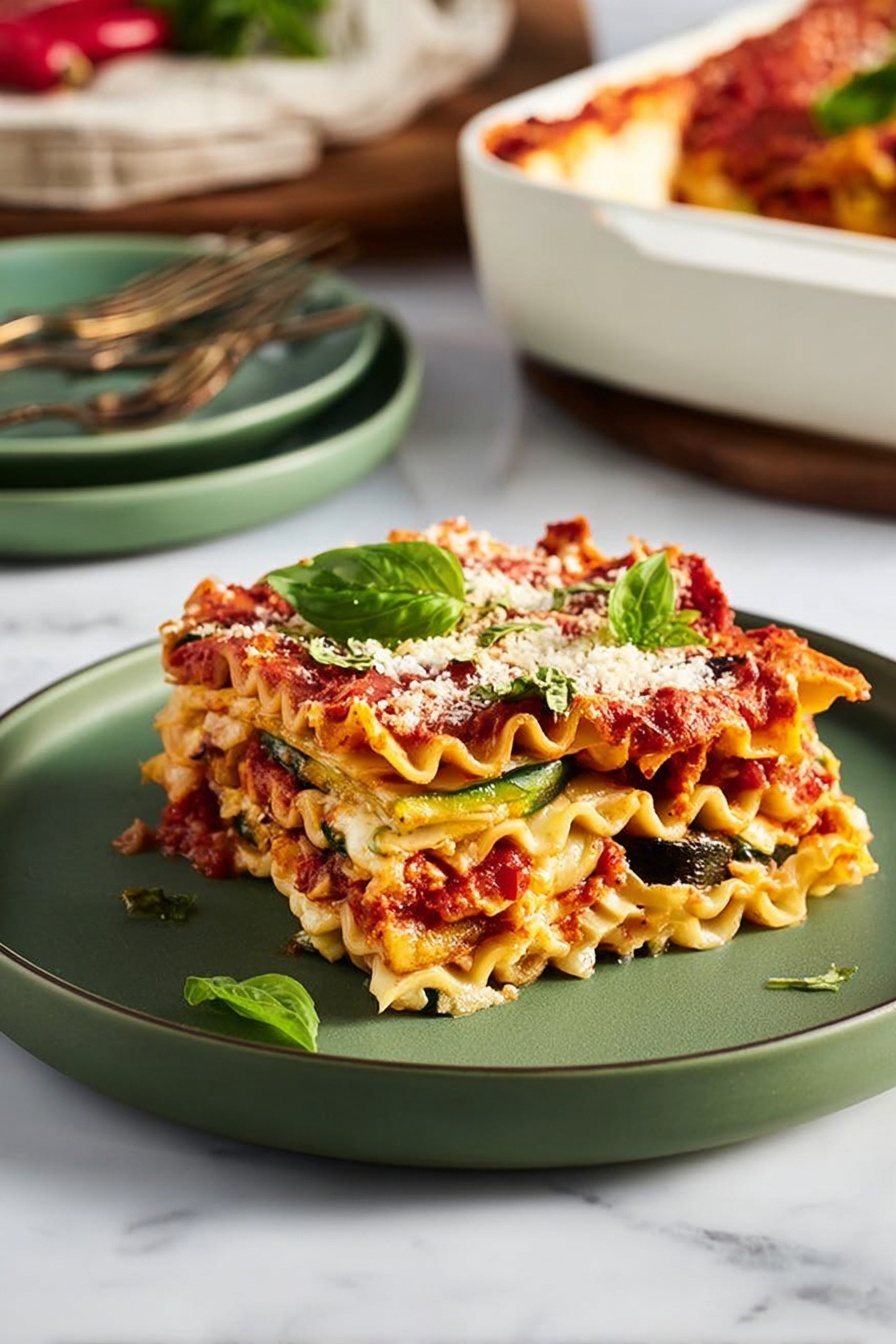 A square piece of lasagna is shown on a white plate with a matte green finish, resting on a table with a white marbled texture. The lasagna has four visible layers of ruffled pasta with a golden-brown baked top layer covered with tomato sauce, melted cheese, and green basil leaves. Between the pasta layers, there is a mix of creamy white cheese, cooked vegetables including green zucchini and dark leafy bits, and a bright red tomato sauce creating a colorful contrast. Small green basil leaves and grated cheese are sprinkled on top and around the lasagna slice. A stack of two matching green plates and silver forks is blurred in the background along with a white baking dish partially filled with more lasagna. Photo taken with an iphone --ar 2:3 --v 7 - Vegetarian Roasted Vegetable Lasagna, vegetarian lasagna recipe, roasted vegetable lasagna, veggie lasagna, plant-based lasagna dish