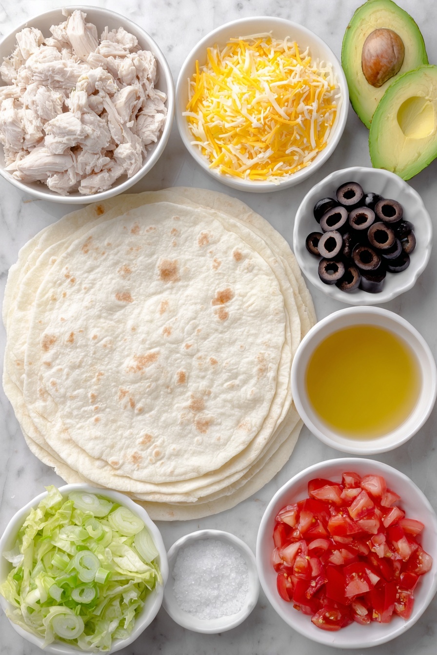 Flat lay of a large flour tortilla, a small mound of grated sharp cheddar cheese, a small white ceramic bowl with golden olive oil, fresh sliced brown mushrooms, a few green onions with bright green tops, a small pile of thinly sliced black olives, a small heap of diced ripe red tomatoes, tender cooked chicken pieces, a halved ripe avocado with vibrant green flesh, crisp chopped iceberg lettuce, a small white ceramic bowl with amber apple cider vinegar, and coarse salt crystals scattered neatly, all arranged symmetrically on a clean white marble surface, soft natural light, photo taken with an iPhone, professional food photography style, fresh ingredients, white ceramic bowls, no bottles, no duplicates, no utensils, no packaging --ar 2:3 --v 7 --p m7354615311229779997 - Cheese Quesadilla, quick cheese quesadilla, easy cheese quesadilla, cheesy snack recipe, crispy quesadilla