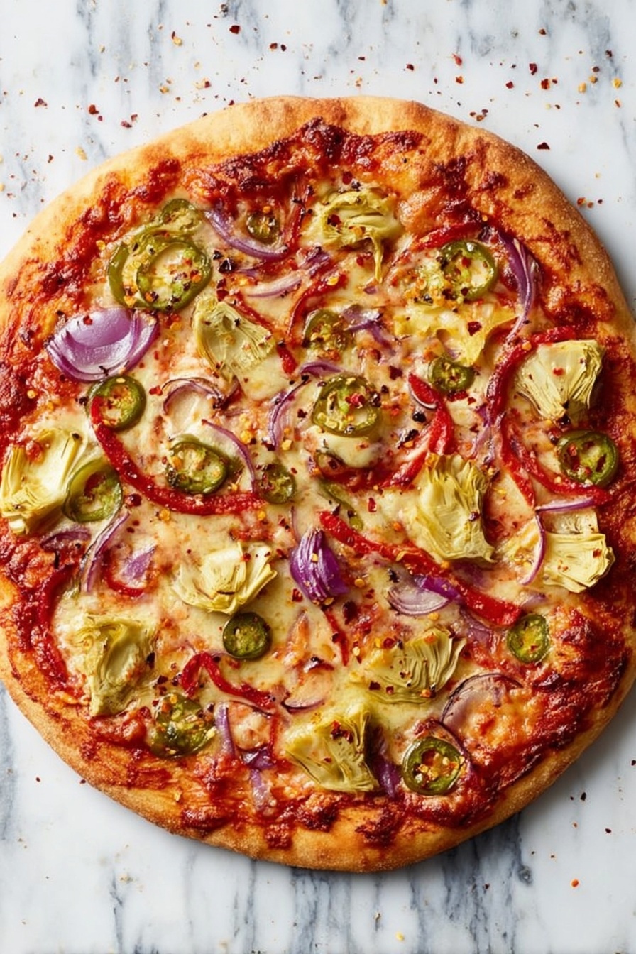A round pizza with a golden-brown, slightly crispy crust sits on a white marbled surface. The first layer is red tomato sauce spread evenly over the dough. Next, a layer of melted cheese covers the sauce with a creamy and bubbly texture. Scattered on top are light yellow artichoke hearts, thin strips of purple-red onion, thin slices of green jalapeño peppers, and small pieces of red bell pepper. Red chili flakes are lightly sprinkled over the pizza. The toppings create a colorful and textured look with different sizes=