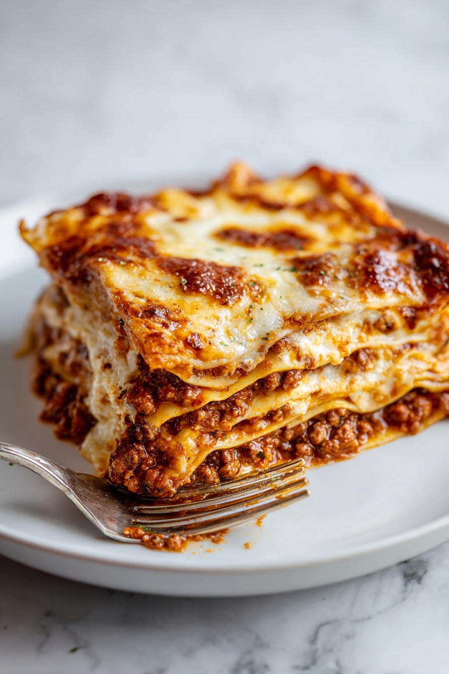 A close-up view of a slice of lasagna on a white plate, showing four layers of pasta sheets with rich brown meat sauce and melted cheese in between. The top layer is golden brown and bubbly with some darker spots. A fork is holding the front corner of the slice, and a knife is lifting the back edge slightly. The background and surface have a white marbled texture. photo taken with an iphone --ar 2:3 --v 7 - Ultimate Bolognese Lasagne, homemade lasagne, Italian lasagne recipe, slow-cooked Bolognese, classic lasagne dish