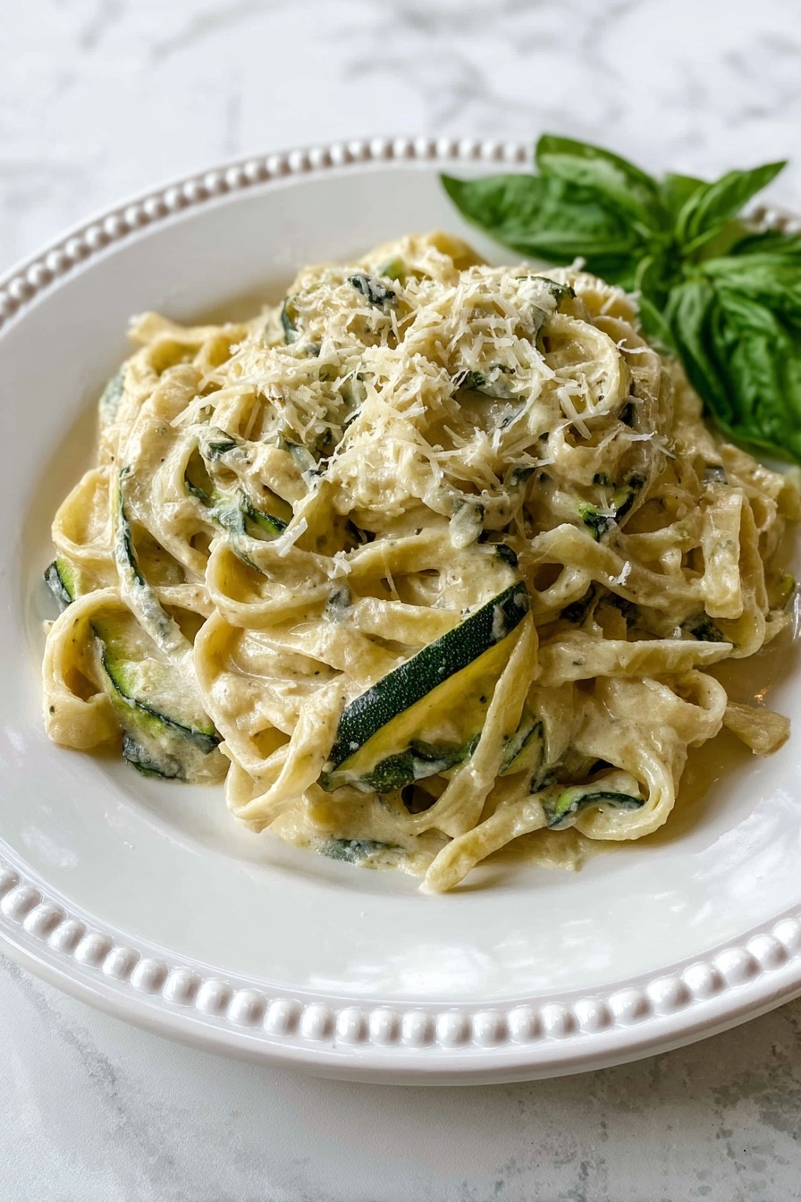 A white plate with a thin black rim holds a nest of thick, creamy pasta strands that are light golden in color. Mixed throughout the pasta are slices of green zucchini, some slightly browned and soft, adding texture and color contrast. Drizzled around and on top is a light yellow oily sauce that adds a glossy shine to the dish. A sprinkling of grated white cheese dusts the edges of the plate lightly. The plate is set on a cream-colored cloth with green stripes, which rests on a white marbled surface. photo taken with an iphone --ar 2:3 --v 7 - Creamy Zucchini Pasta with Basil and Pesto, zucchini pasta with basil and pesto, summer zucchini pasta recipe, easy creamy vegetable pasta, healthy zucchini pasta dish