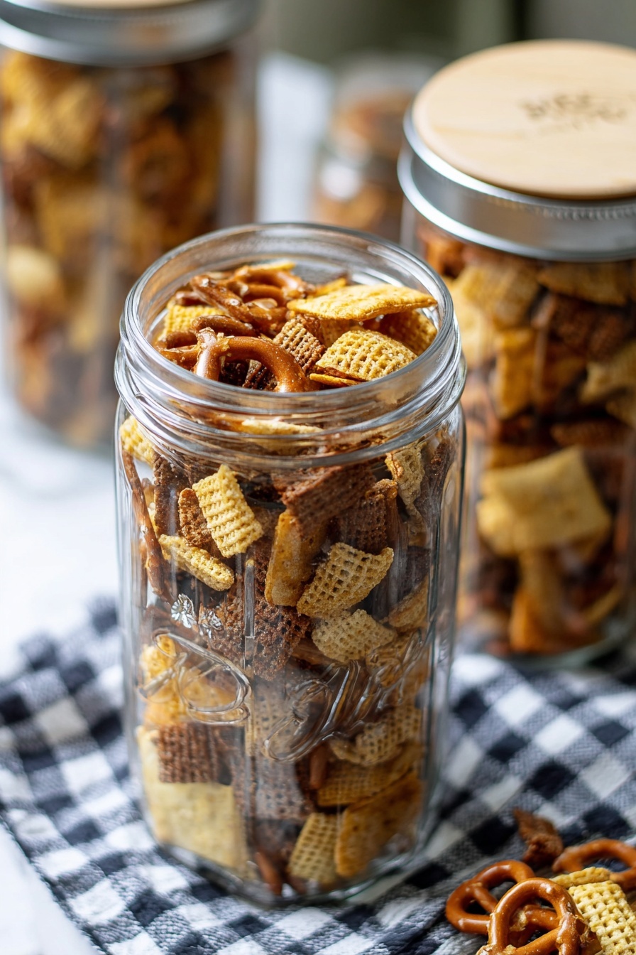 The image shows a tall clear glass jar filled with a mix of snack pieces. The mix has several textures and colors: small golden pretzels with smooth, shiny surfaces; light yellow square crackers with a rough, grilled look; darker brown square cereal pieces with a waffle pattern; and some light beige round chips. The jar is full to the brim and has a silver lid with the brand name slightly out of focus beside it. The background features another similar jar and a wooden lid on a white marbled surface with a checkered cloth underneath. The lighting is soft and natural, highlighting the crunch and detail of the snack mix photo taken with an iphone --ar 2:3 --v 7 - Dill Pickle Snack Mix, Dill Pickle Snack Mix Recipe, Tangy Snack Mix, Homemade Snack Mix, Crunchy Dill Snack Mix