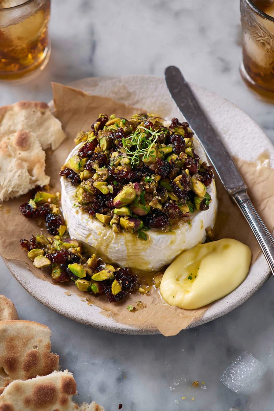 A whole round of white soft cheese sits at the center of a white plate lined with light brown parchment paper. The cheese is topped with a thick layer of glossy dark brown jam mixed with bright green chopped pistachios, creating a textured and shiny surface. Small green sprigs decorate the top, adding freshness to the rich topping. To the right of the plate, broken pieces of crispy, browned flatbread rest on the white marbled surface. A long, vintage silver knife with a worn handle rests across the plate’s edge. Photo taken with an iphone --ar 2:3 --v 7 - Baked Brie with Fig Jam and Pistachios, baked brie appetizer, easy cheese appetizer, holiday appetizer ideas, gourmet cheese platter