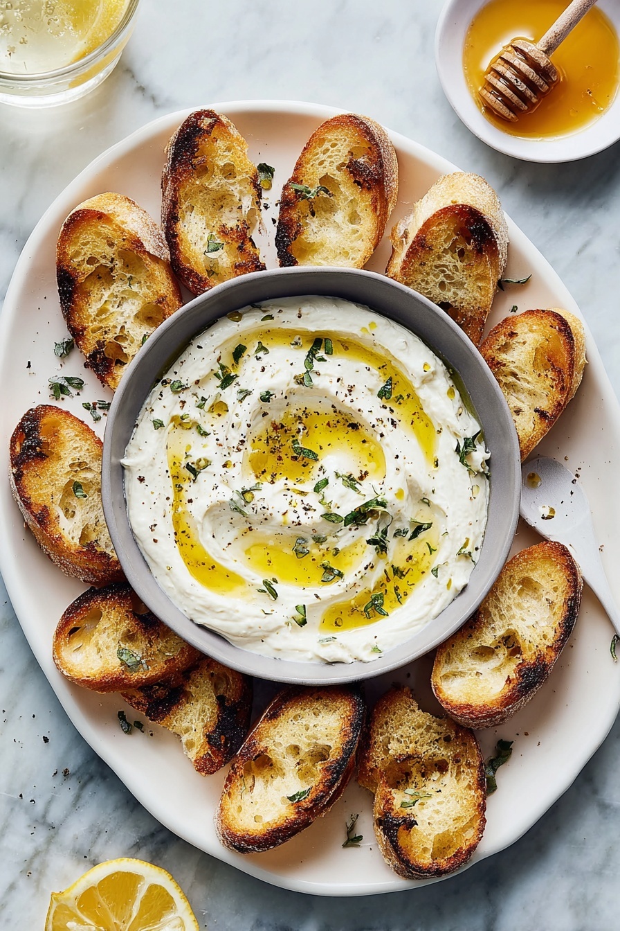A white oval plate with a gray bowl in the center filled with creamy white dip swirled on top with golden olive oil and sprinkled with small green herb leaves and black pepper. Around the bowl, there are twelve golden toasted baguette slices, showing a crunchy texture with some darker grill marks and light seasoning. The setting includes a white marbled surface beneath the plate, a glass with half a lemon to the bottom left, a glass of water to the top left, and a small white bowl with light honey and a honey dipper at the top right. Photo taken with an iphone --ar 2:3 --v 7 - Whipped Ricotta Honey Dip, creamy cheese dip, easy appetizer recipes, party dip ideas, sweet and savory dips