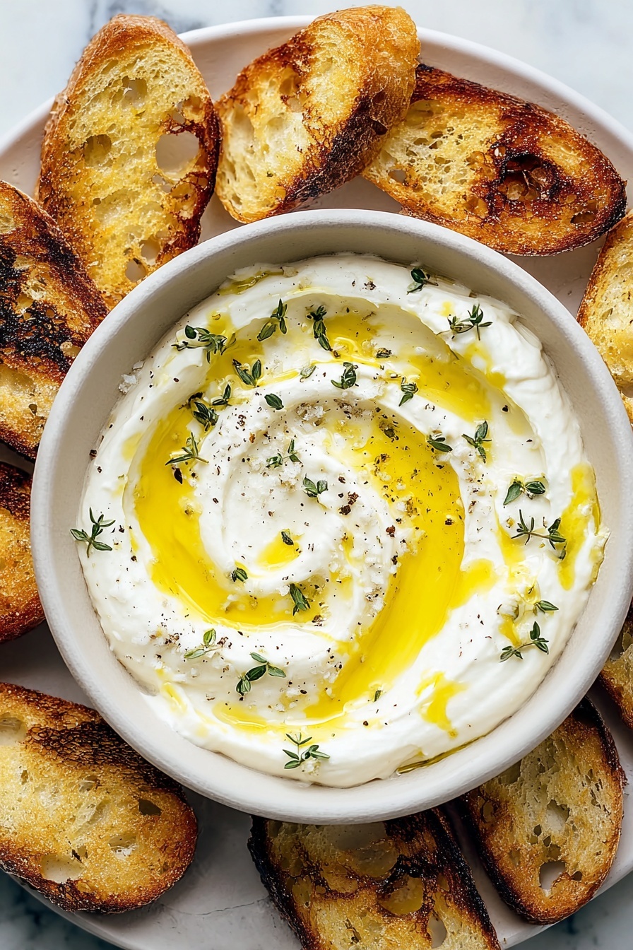 This dish shows a white bowl filled with a creamy white puree, swirled in a circular pattern with some small pools of golden yellow oil on top. Bright green small herb leaves, likely thyme, are scattered evenly across the puree, with a light dusting of black pepper and coarse salt sprinkled over everything. On the edge of the bowl, two pieces of toasted bread with a light brown crust and some dark charred spots rest partially submerged in the creamy puree. The background surface is a white marbled texture. Photo taken with an iphone --ar 2:3 --v 7 - Whipped Ricotta Honey Dip, creamy cheese dip, easy appetizer recipes, party dip ideas, sweet and savory dips