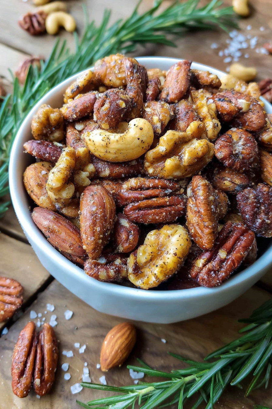 A white bowl filled with a mix of roasted nuts including whole almonds, pecans, and walnuts. The nuts have a crispy texture with a light brown color and are coated with visible seasoning specks. The bowl is placed on a wooden surface with some spilled nuts and coarse salt around it. Green rosemary sprigs frame the bowl, adding a fresh contrast. Photo taken with an iphone --ar 2:3 --v 7 - Rosemary Sweet and Salty Roasted Nuts, roasted nuts with rosemary, sweet and salty nut snack, easy nut recipe, flavored roasted nuts