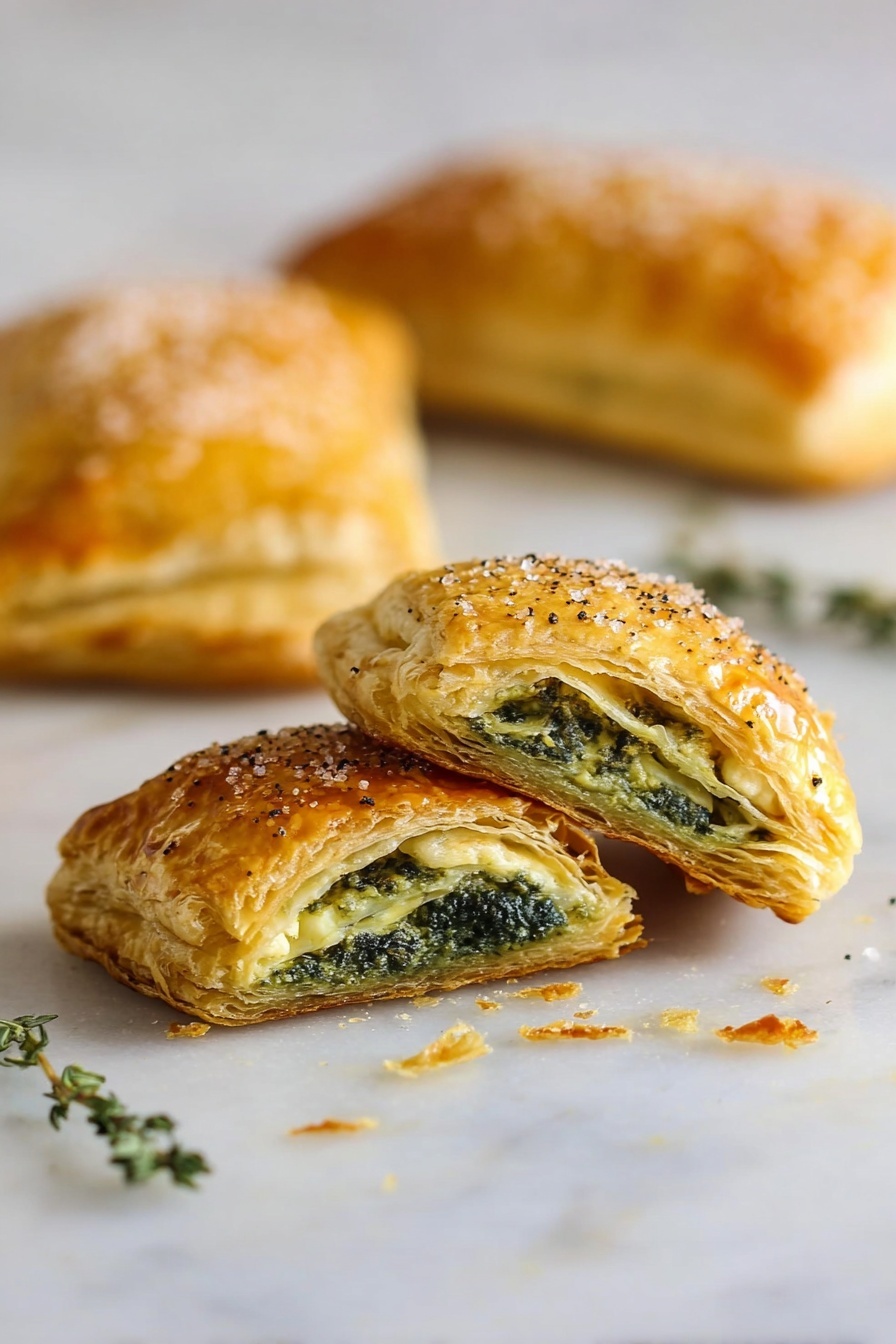 The image shows three golden-brown puff pastries on white parchment paper, arranged on a round wire rack over a white marbled surface. Each pastry has multiple flaky, layered crusts with a slightly crispy texture, and the top layer sprinkled with coarse salt and tiny green herb sprigs. One pastry edge reveals a darker, cooked filling inside. At the back, a small clear glass bowl contains dark amber syrup with a spoon resting inside it, and a blurred bowl of coarse salt is visible in the foreground. The overall look is warm and inviting, with natural light highlighting the flaky layers and rich colors of the pastries. photo taken with an iphone --ar 2:3 --v 7 - Vegan Caramelized Onion Spinach Puff Pastry, vegan savory puff pastry, caramelized onion spinach tart, plant-based puff pastry recipes, easy vegan appetizer