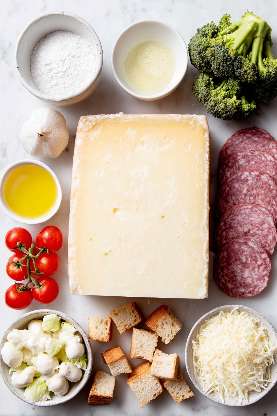 Flat lay of firm alpine-style cheese wedge, block of fontina cheese, wedge of gouda cheese, small white ceramic bowl with cornstarch powder, small white ceramic bowl with dry white wine, whole garlic clove, small white ceramic bowl with fresh lemon juice, small white ceramic bowl with brandy, small white ceramic bowl with Dijon mustard, small white ceramic bowl with ground nutmeg, boiled baby new potatoes with skins, lightly steamed broccoli florets, lightly steamed cauliflower florets, lightly steamed asparagus spears, button mushrooms without stems, fresh cherry tomatoes, slices of firm green apple, cooked sliced hot sausage, cubes of French bread, cubes of sourdough bread, cubes of pumpernickel bread, all ingredients arranged symmetrically and naturally placed on a clean white marble surface, soft natural light, photo taken with an iPhone, professional food photography style, fresh ingredients, white ceramic bowls, no bottles, no duplicates, no utensils, no packaging --ar 2:3 --v 7 --p m7354615311229779997 - Ultimate Cheese Fondue, cheese fondue, cheese fondue recipe, creamy cheese fondue, classic cheese fondue