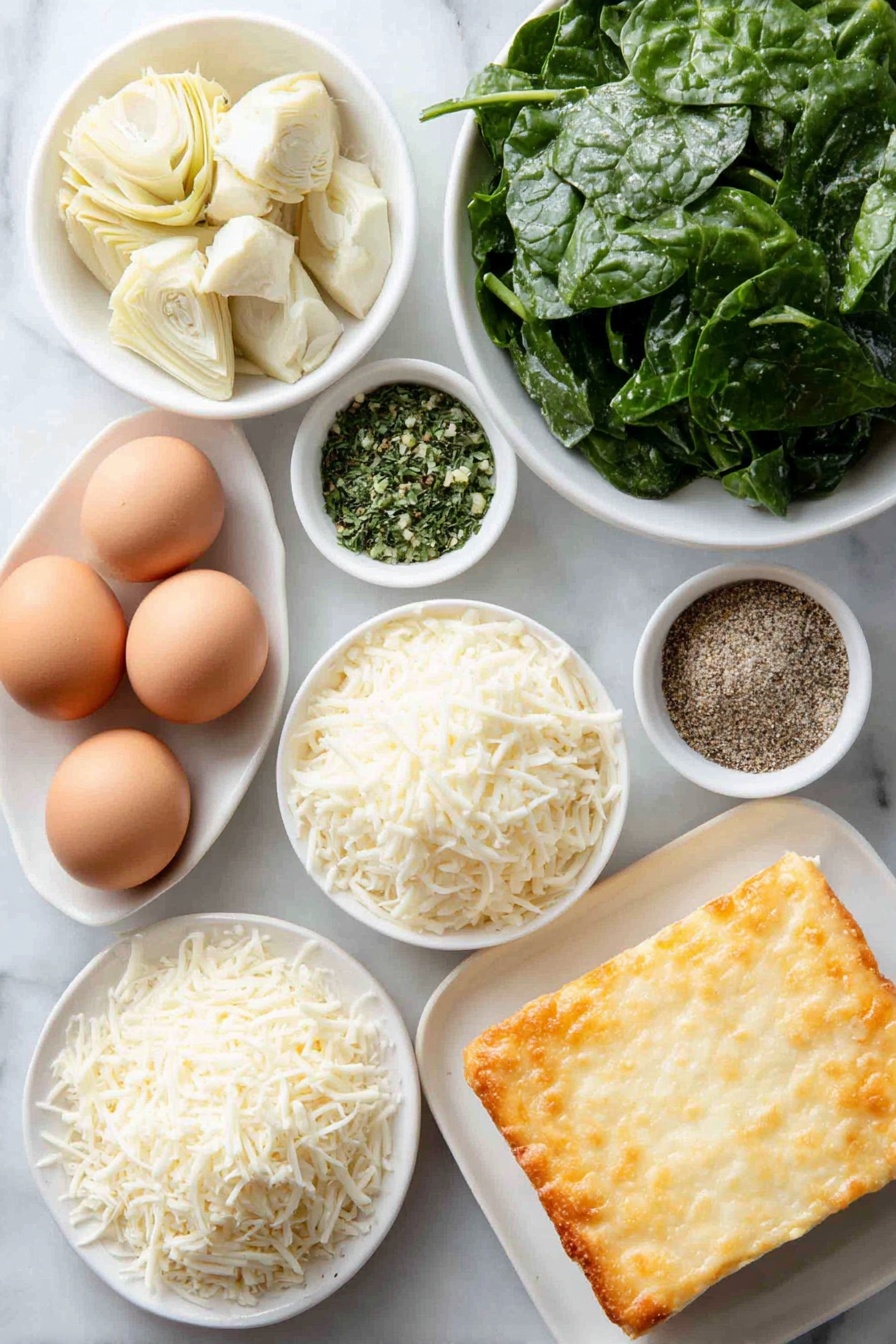 Flat lay of fresh chopped spinach leaves loosely piled in a small white ceramic bowl, tender artichoke hearts quartered and placed in a simple white dish, a small white bowl holding finely minced fresh garlic, a neat mound of grated pale parmesan cheese on a white plate, a soft chunk of cream cheese on a white ceramic square dish, shredded creamy mozzarella cheese half in a small white bowl and the other half sprinkled on a white plate, whole uncracked brown eggs arranged symmetrically to represent the dairy source, a small white bowl with coarse garlic salt mixed with fresh green parsley flakes, freshly ground black peppercorns in a tiny white bowl, and a plain, unrolled crescent dough sheet laid flat on a white plate, placed on a clean white marble surface, soft natural light, photo taken with an iPhone, professional food photography style, fresh ingredients, white ceramic bowls, no bottles, no duplicates, no utensils, no packaging --ar 2:3 --v 7 --p m7354615311229779997 - Spinach Artichoke Bites, spinach artichoke appetizer, cheesy spinach bites, easy party snacks, crescent dough bites