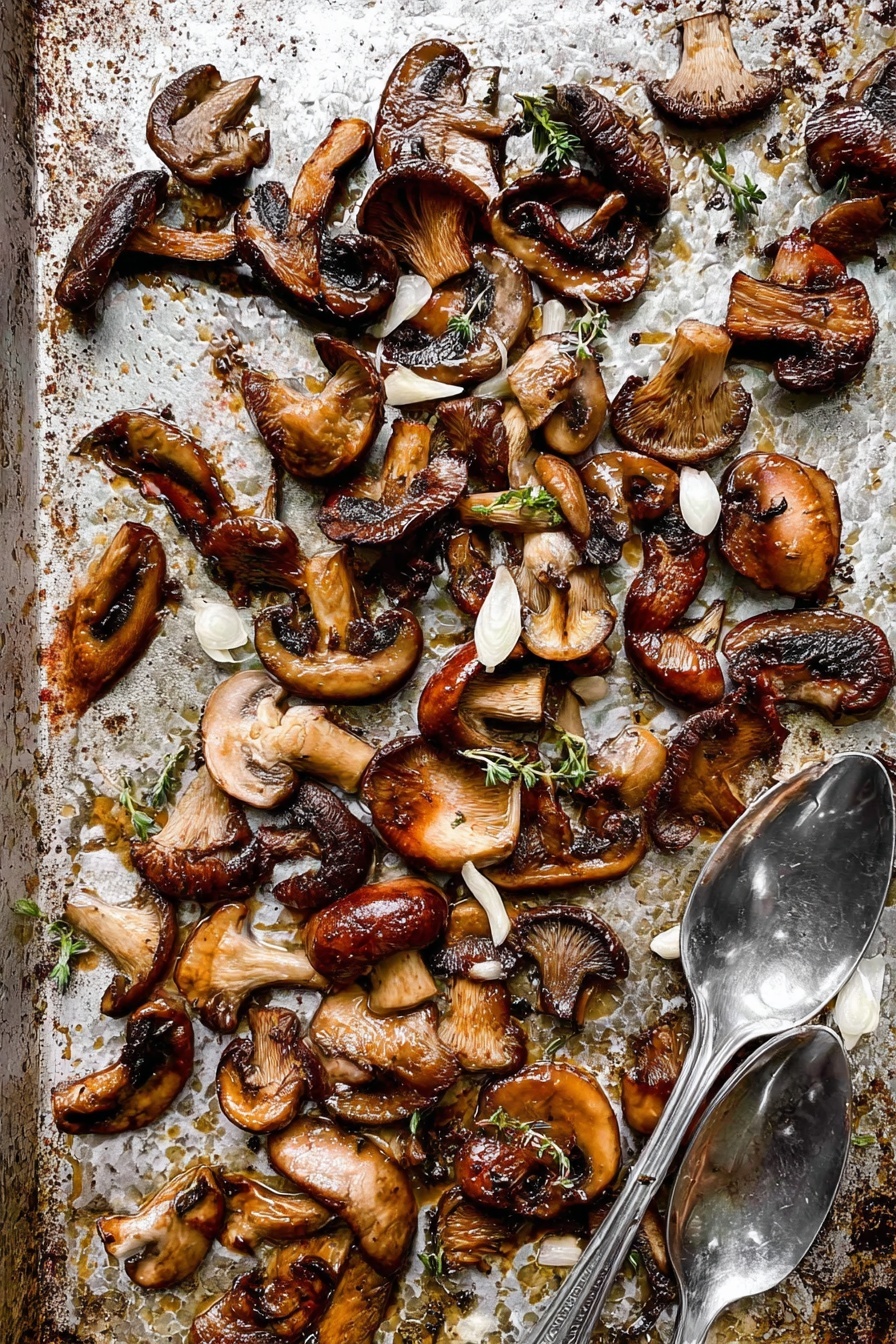 The image shows a single layer of cooked mixed mushrooms scattered across a textured baking tray with a used, slightly oily look. The mushrooms are various shades of brown, from light to dark, with visible grill marks and a soft, cooked texture. There are thin slices of white garlic and small sprigs of green thyme mixed in among the mushrooms. Two shiny silver spoons rest on the bottom right corner of the tray. The background is a white marbled surface. photo taken with an iphone --ar 2:3 --v 7 - Crispy Garlic Thyme Roast Mushrooms, roasted mushroom side dish, garlic thyme mushroom recipe, crunchy roasted mushrooms, easy mushroom recipes