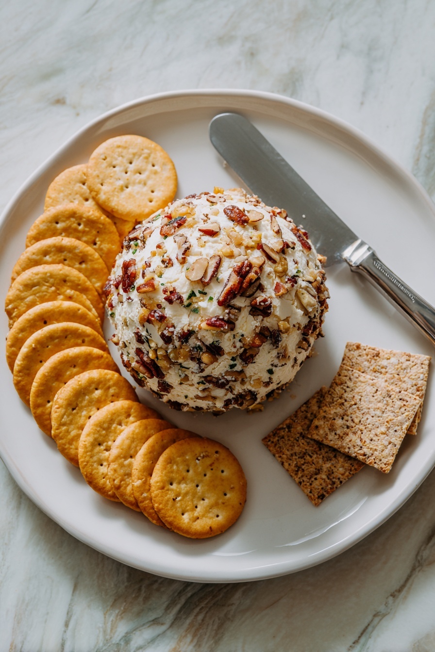 A white round plate sits on a white marbled surface. On the plate, there is a ball-shaped cheese covered with chopped nuts, showing a mix of light brown, dark brown, and small green bits. Around the ball, there are three groups of crackers arranged in curved lines: golden round crackers on the top and bottom sides, and square multigrain crackers in a light brown shade on the right side next to a silver spreader knife. The colors are warm and natural, with a mix of beige, brown, and green on the cheese ball, and pale yellows and browns on the crackers. photo taken with an iphone --ar 2:3 --v 7 - Cheese Ball with Pecans, easy cheese ball appetizer, party cheese ball, creamy cheese ball recipe, pecan coating cheese ball