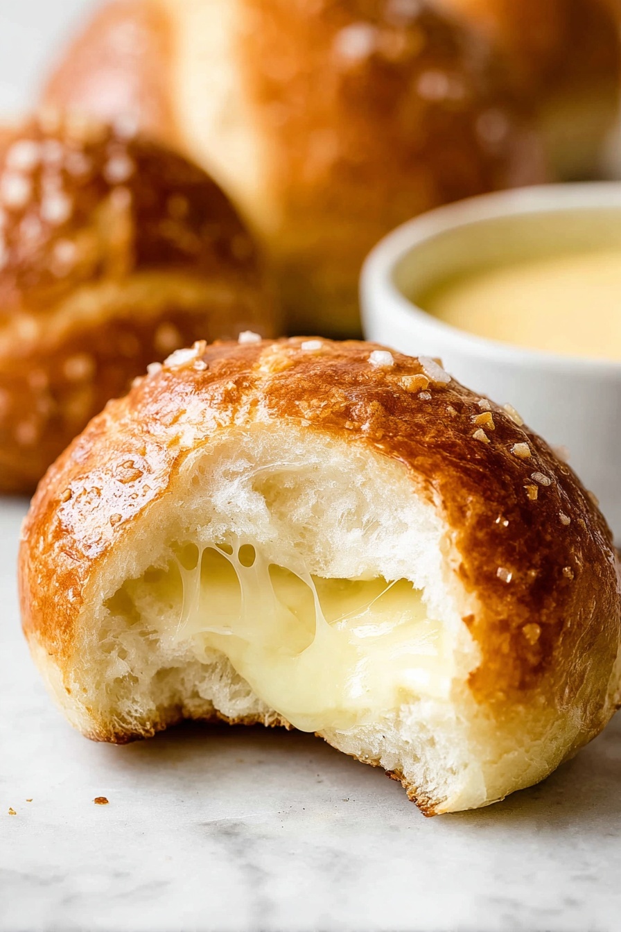 A close-up of a golden brown soft bread roll broken open to show three layers inside: the outer shiny crust with a rough texture sprinkled with coarse salt, a fluffy white bread layer beneath, and a middle layer of melted pale yellow cheese stretching slightly out of the bread. The background and surface have a white marbled texture, with another whole bread roll and a white bowl of pale yellow sauce softly blurred in the background. photo taken with an iphone --ar 2:3 --v 7 - Cheese Pretzel Bites, pretzel bites with cheese, cheesy soft pretzels, easy cheese snack, game day pretzel bites