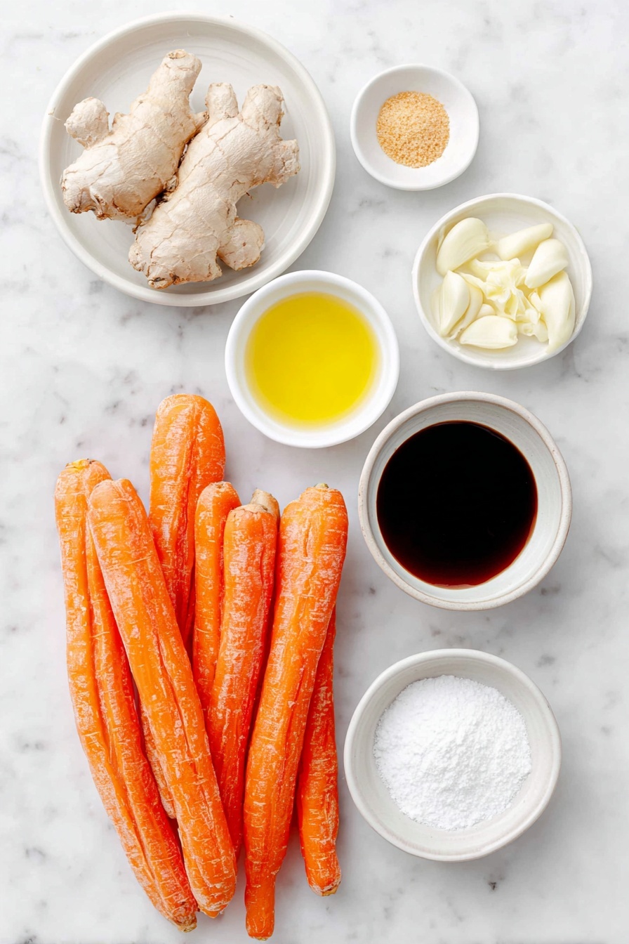 Flat lay of fresh whole baby carrots with vibrant orange skins, four peeled garlic cloves, a small pile of peeled fresh ginger root, a small white bowl of dark soy sauce, a small white bowl of clear vegetable stock, a small white bowl of pale rice vinegar, a small white bowl of golden sesame oil, a small white bowl of light brown granulated sugar, a small white bowl of ground white pepper powder, a small white bowl of onion powder, a simple white ceramic plate holding unbaked crescent roll dough triangles, placed on a clean white marble surface, soft natural light, photo taken with an iPhone, professional food photography style, fresh ingredients, white ceramic bowls, no bottles, no duplicates, no utensils, no packaging --ar 2:3 --v 7 --p m7354615311229779997 - Vegan Carrot Pigs in a Blanket, plant-based pigs in a blanket, vegan appetizer ideas, vegetarian party snacks, healthy vegan finger foods
