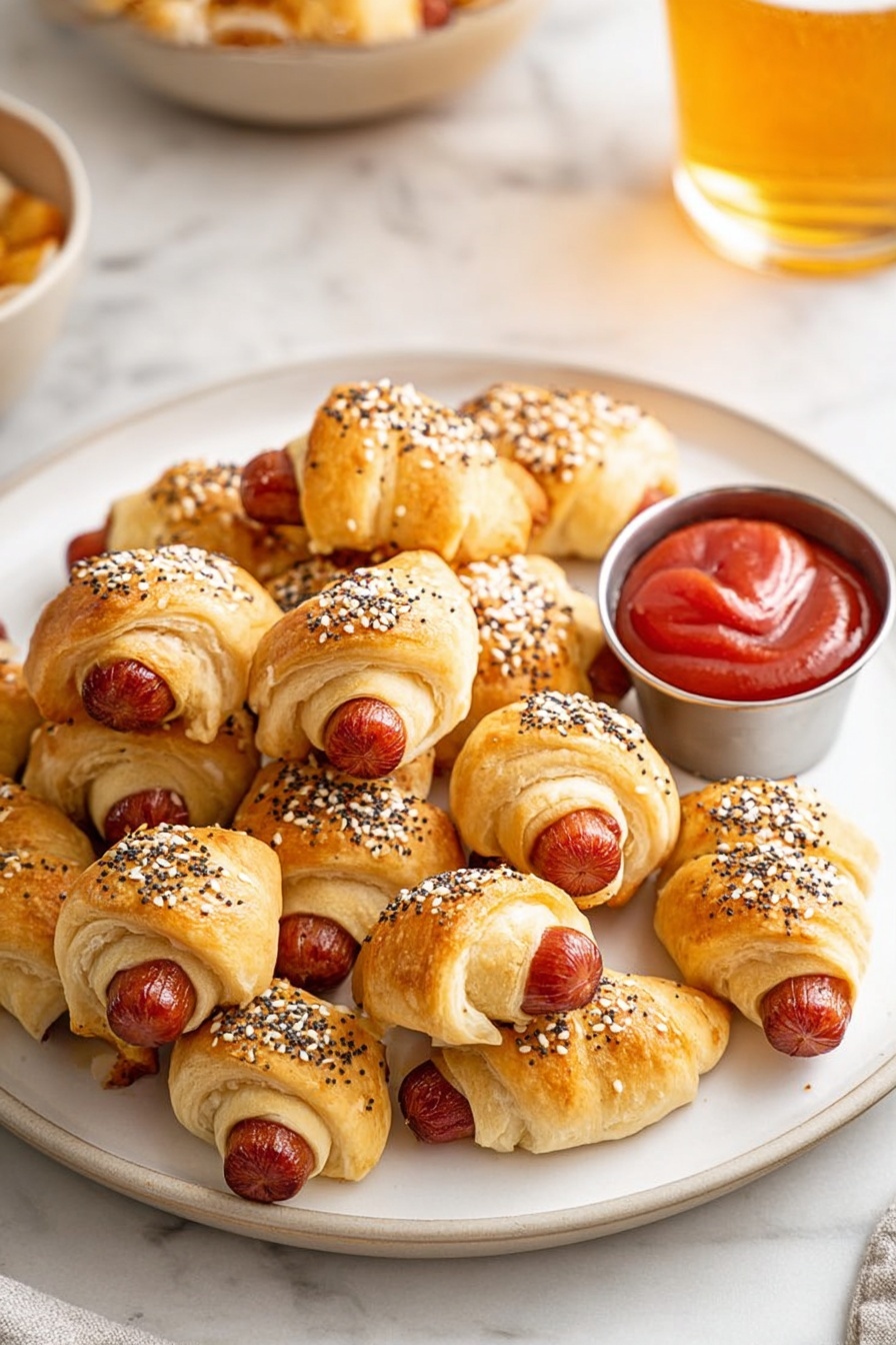 A white plate is filled with small crescent rolls wrapped around mini sausages, each topped with a sprinkle of white sesame seeds and black poppy seeds. The rolls are golden brown and flaky with the reddish sausages peeking out from the ends. To the top right of the plate, there is a small silver container filled with bright red ketchup. In the background, there is a glass of amber beer and another bowl. The whole scene is set on a white marbled surface. photo taken with an iphone --ar 2:3 --v 7 - Vegan Carrot Pigs in a Blanket, plant-based pigs in a blanket, vegan appetizer ideas, vegetarian party snacks, healthy vegan finger foods