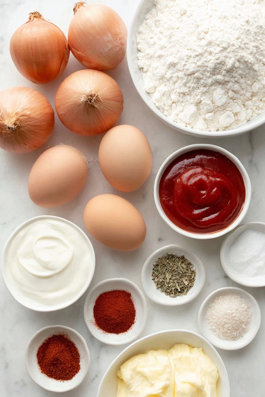 Flat lay of three medium fresh sweet onions with dry papery skins partially peeled, two whole uncracked brown eggs, a small white ceramic bowl of creamy white mayonnaise, a small white ceramic bowl of thick sour cream, a small white ceramic bowl of bright red ketchup, a small white ceramic bowl of smooth creamy horseradish sauce, a small white ceramic bowl of white milk, a small white ceramic bowl filled with off-white all-purpose flour, a small white ceramic bowl holding a warm reddish paprika powder, a small white ceramic bowl with reddish-brown ground cumin, a small white ceramic bowl of dried oregano leaves, a small white ceramic bowl of dried thyme leaves, a small white ceramic bowl of fine white salt, a small white ceramic bowl of ground cayenne pepper in bright orange-red, a small white ceramic bowl of ground black pepper, a small white ceramic bowl of pale beige garlic powder, arranged symmetrically and balanced, all ingredients fresh and natural, placed on a clean white marble surface, soft natural light, photo taken with an iPhone, professional food photography style, fresh ingredients, white ceramic bowls, no bottles, no duplicates, no utensils, no packaging --ar 2:3 --v 7 --p m7354615311229779997 - Homemade Blooming Onion, Blooming Onion with Dipping Sauce, Crispy Blooming Onion recipe, How to make blooming onion, Best blooming onion at home