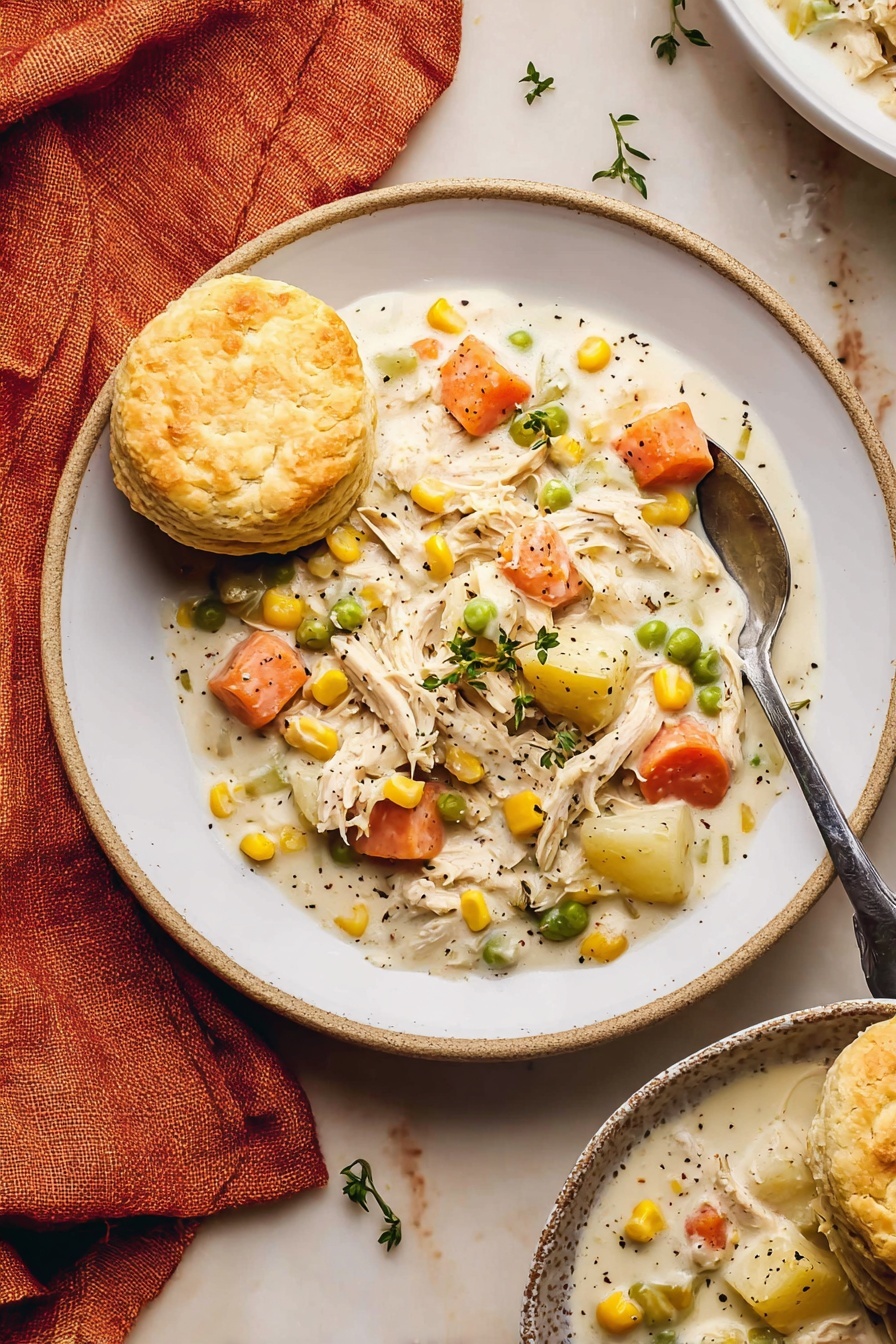 A white plate holds a creamy chicken and vegetable stew with three visible layers: the bottom layer is a thick white sauce dotted with black pepper, the middle layer shows soft chunks of orange carrots, light green celery, yellow corn, green peas, and pale potatoes, and the top layer features shredded white chicken bits and small green thyme leaves scattered on top. On the left side of the plate, a round, golden-brown biscuit sits slightly overlapping the stew. In the top right edge of the plate, a silver spoon rests partially inside the stew. The plate lies on a white marbled surface with an orange cloth napkin to the left and part of another plate with stew and a biscuit visible in the bottom right corner. Photo taken with an iphone --ar 2:3 --v 7 - Slow Cooker Chicken Pot Pie Soup, comfort food recipes, easy chicken soup, creamy chicken soup, hearty slow cooker recipes
