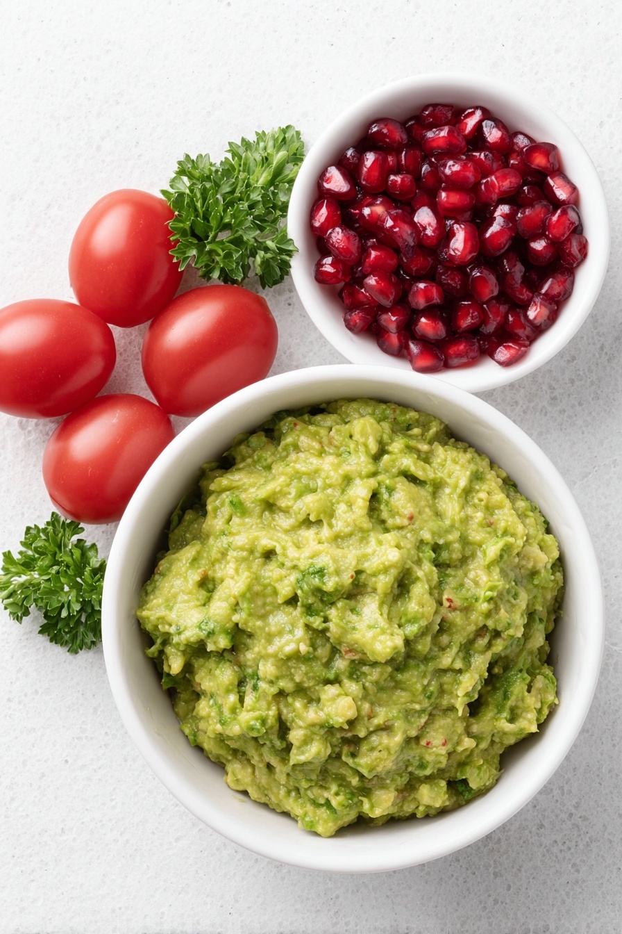 Flat lay of a simple white ceramic bowl filled with fresh green guacamole, a small white bowl containing bright red pomegranate seeds, a cluster of ripe red cherry tomatoes, and a few vibrant green sprigs of parsley placed neatly around the bowls, all arranged with perfect symmetry and balanced proportions, placed on a clean white marble surface, soft natural light, photo taken with an iPhone, professional food photography style, fresh ingredients, white ceramic bowls, no bottles, no duplicates, no utensils, no packaging --ar 2:3 --v 7 --p m7354615311229779997 - Festive Guacamole with Pomegranate & Tomatoes, holiday avocado dip, quick holiday appetizers, colorful party dip, easy festive guacamole
