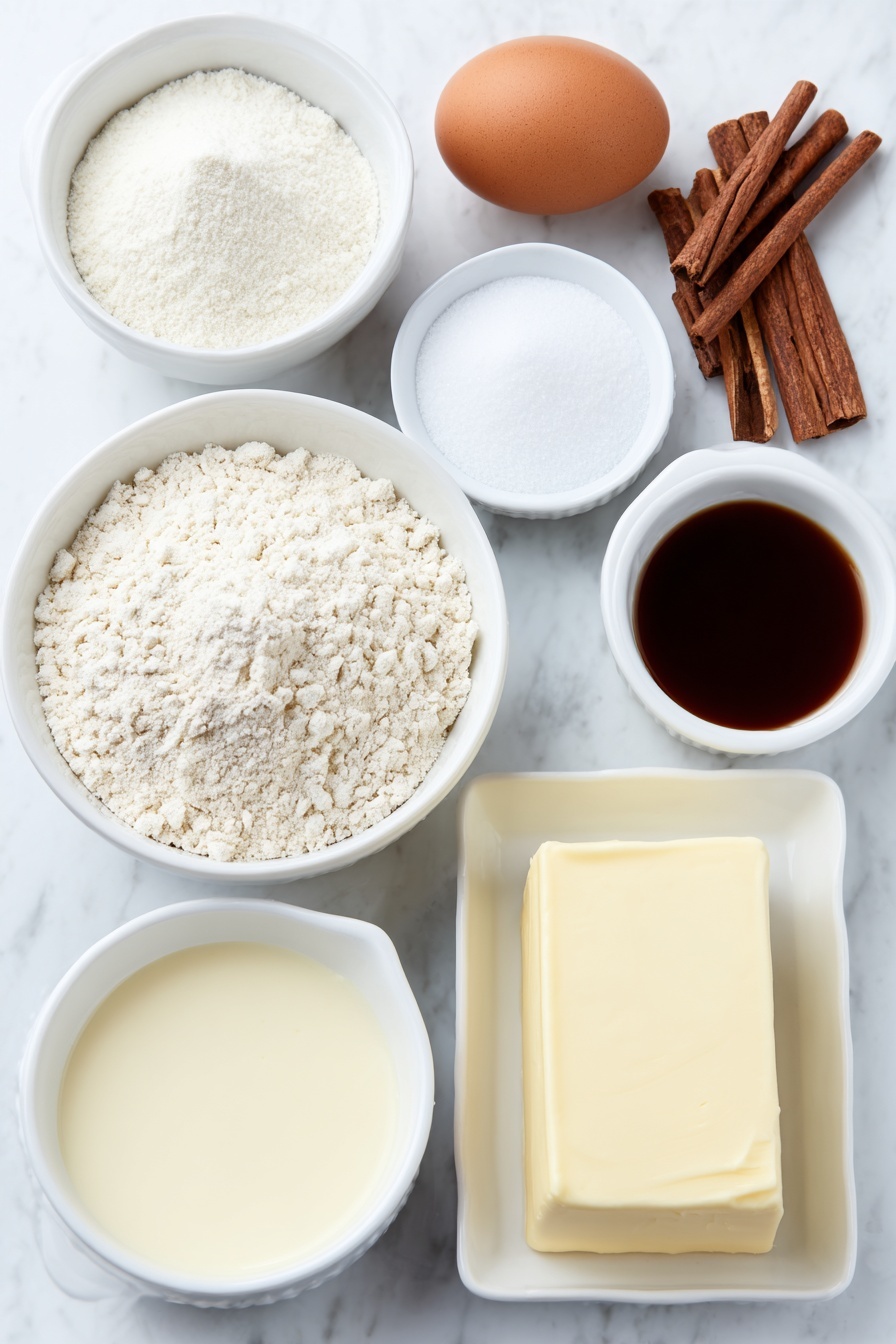 Flat lay of a small white ceramic bowl of all purpose flour, a small white ceramic bowl of granulated sugar, a few whole brown cinnamon sticks alongside small heaps of ground cinnamon and ground nutmeg on the white surface, a small white ceramic bowl of baking soda, a small white ceramic bowl of baking powder, a small white ceramic bowl of salt, a half cup of softened unsalted butter shaped in a smooth slab, one large whole uncracked egg with a clean shell, a small white ceramic bowl of dark rum extract, a small white ceramic bowl of vanilla extract, a small white ceramic bowl filled with creamy full fat eggnog, and a small white ceramic bowl of powdered sugar placed on a clean white marble surface, soft natural light, photo taken with an iPhone, professional food photography style, fresh ingredients, white ceramic bowls, no bottles, no duplicates, no utensils, no packaging --ar 2:3 --v 7 --p m7354615311229779997 - Eggnog Bread with Spiced Glaze, festive eggnog bread, holiday bread recipes, spiced holiday bread, moist eggnog loaf