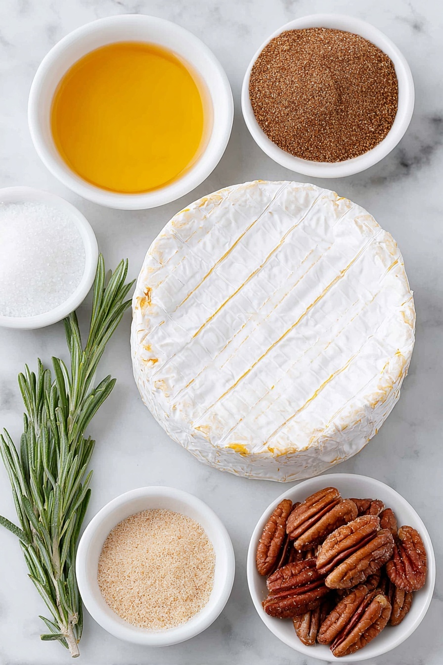 Flat lay of a whole wheel of double cream brie cheese with a light diagonal score on top, a small white bowl filled with golden maple syrup, a small white bowl of light brown granulated brown sugar, a small white bowl with a warm brown cinnamon powder, a small white bowl holding glossy pecan halves, a small white bowl containing clear vanilla extract, and a neat sprig of fresh green rosemary, all arranged symmetrically and balanced, placed on a clean white marble surface, soft natural light, photo taken with an iPhone, professional food photography style, fresh ingredients, white ceramic bowls, no bottles, no duplicates, no utensils, no packaging --ar 2:3 --v 7 --p m7354615311229779997 - Maple Pecan Baked Brie, baked brie appetizer, fall appetizer ideas, easy cheese appetizer, winter party snacks