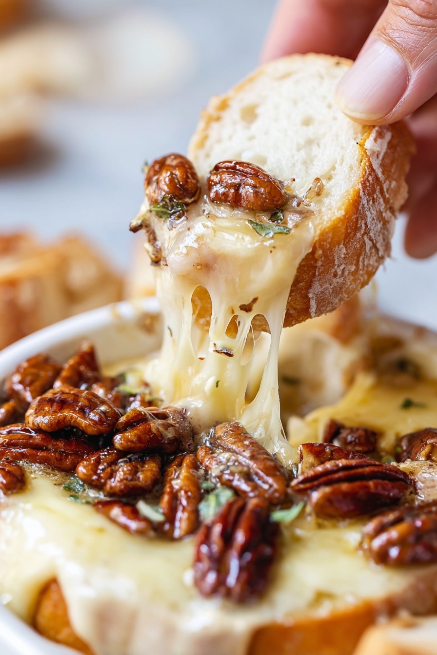 A close-up image shows a woman's hand holding a piece of white crusty bread with a soft inside, dipped into a melted cheese dish with pecans on top. The cheese is creamy and stringy, light yellow in color, and flows from both the bread and the dish below. The pecans are whole, shiny, and dark brown, scattered on top of the cheese. The dish holding the cheese is white with a slightly browned melted cheese edge visible, sitting on a white marbled surface with some blurred background details. Photo taken with an iphone --ar 2:3 --v 7 - Maple Pecan Baked Brie, baked brie appetizer, fall appetizer ideas, easy cheese appetizer, winter party snacks