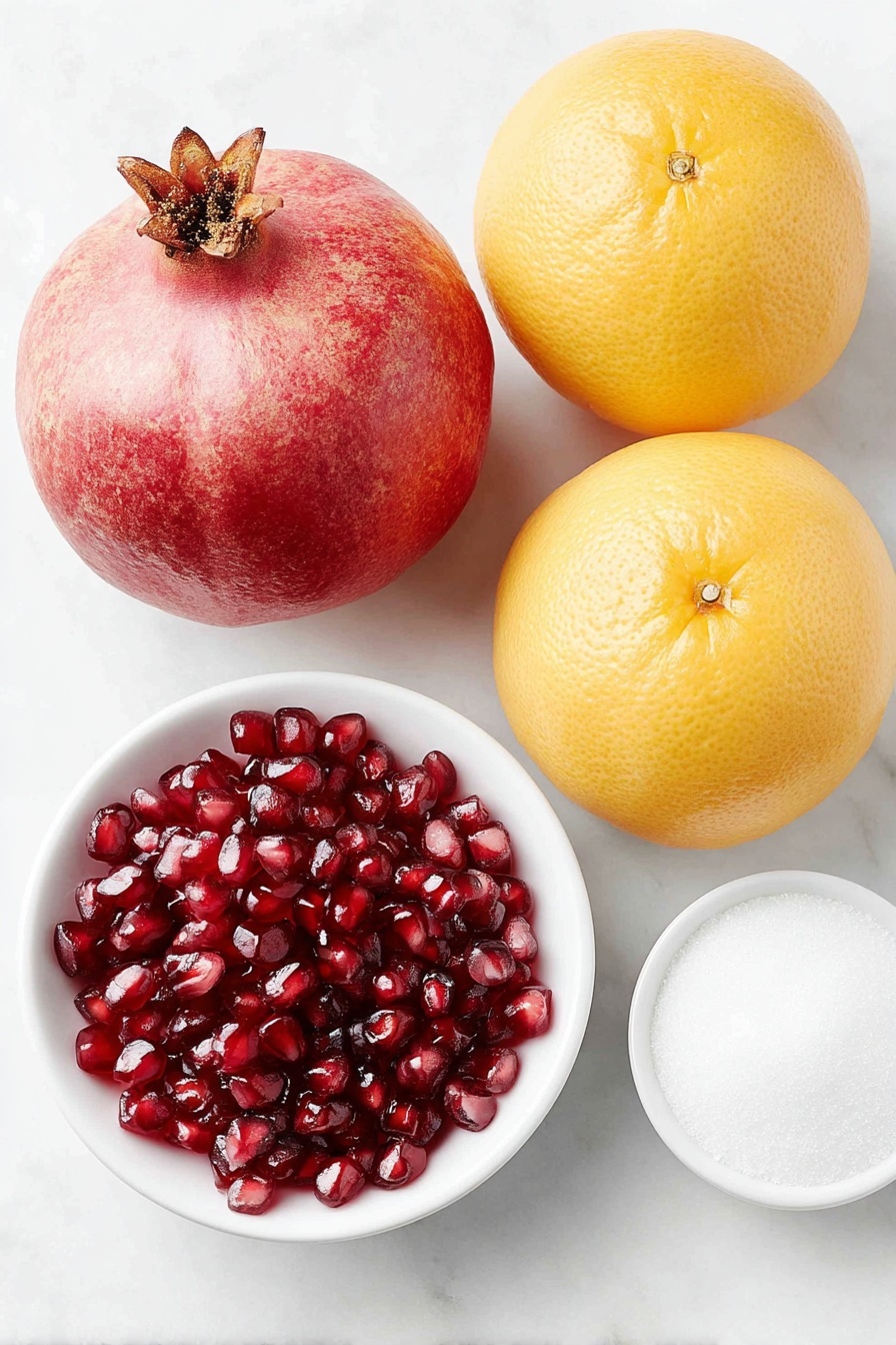 Flat lay of a whole large pomegranate with deep red leathery skin, a small white ceramic bowl filled with bright red pomegranate arils glistening with juice, two large navel oranges with vibrant orange peel, two pink grapefruits showing a soft pinkish-orange rind, and a small white ceramic bowl containing fine white granulated sugar, all arranged in perfect symmetry on a clean white marble surface, soft natural light, photo taken with an iPhone, professional food photography style, fresh ingredients, white ceramic bowls, no bottles, no duplicates, no utensils, no packaging --ar 2:3 --v 7 --p m7354615311229779997 - Winter Citrus & Pomegranate Salad, citrus pomegranate salad, winter fruit salad, healthy citrus pomegranate salad, colorful winter salad